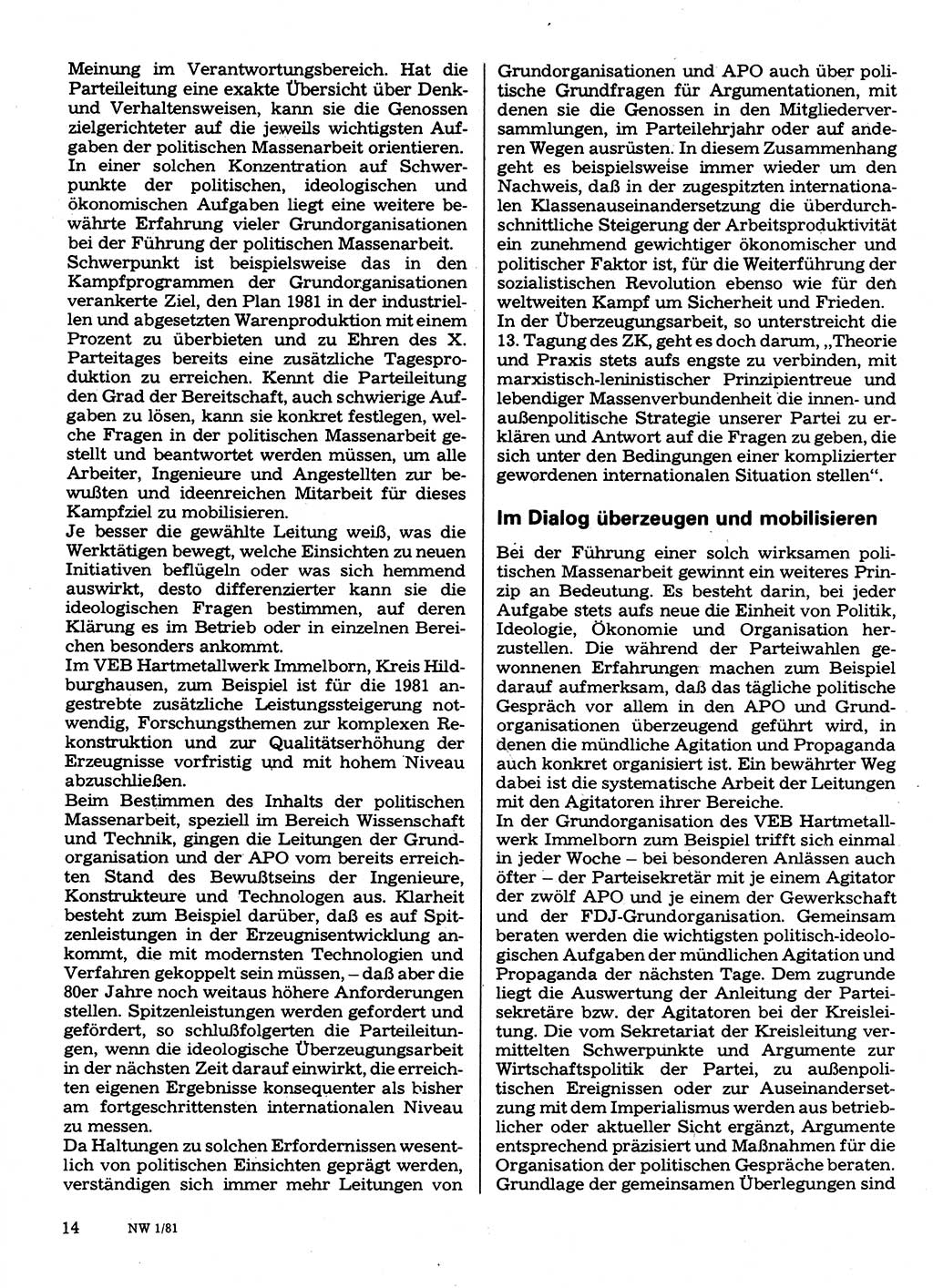 Neuer Weg (NW), Organ des Zentralkomitees (ZK) der SED (Sozialistische Einheitspartei Deutschlands) für Fragen des Parteilebens, 36. Jahrgang [Deutsche Demokratische Republik (DDR)] 1981, Seite 14 (NW ZK SED DDR 1981, S. 14)