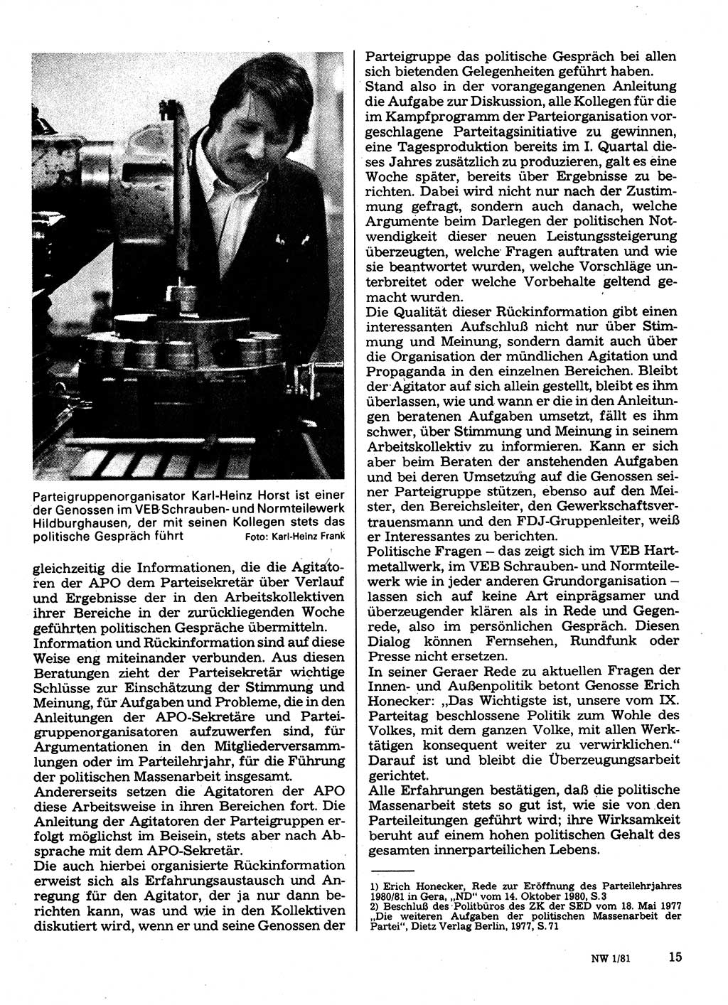 Neuer Weg (NW), Organ des Zentralkomitees (ZK) der SED (Sozialistische Einheitspartei Deutschlands) für Fragen des Parteilebens, 36. Jahrgang [Deutsche Demokratische Republik (DDR)] 1981, Seite 15 (NW ZK SED DDR 1981, S. 15)