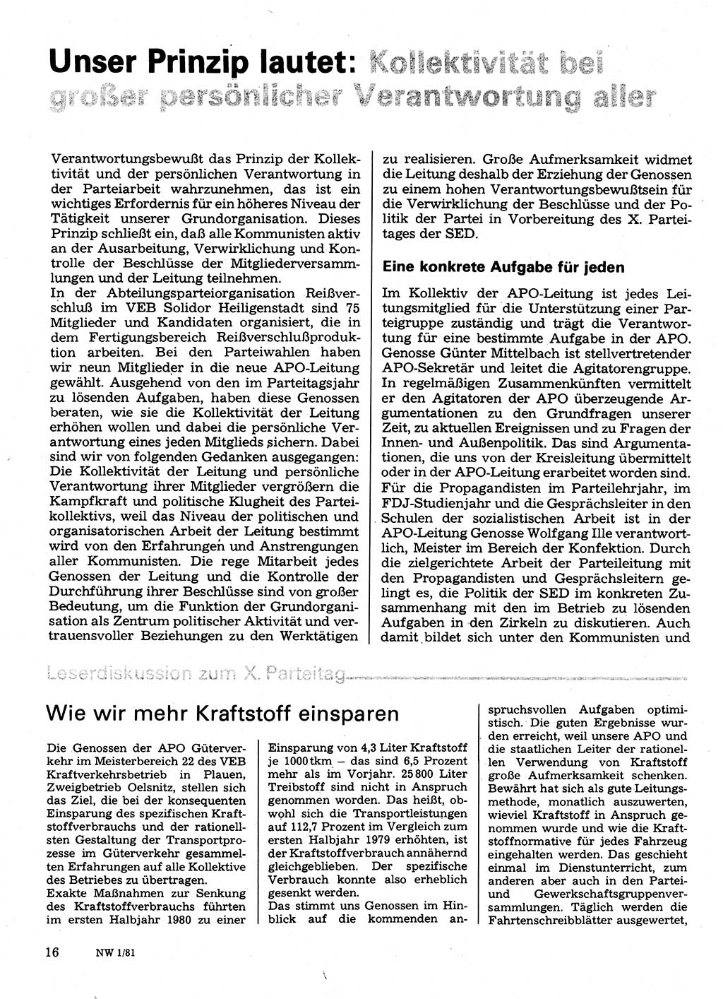 Neuer Weg (NW), Organ des Zentralkomitees (ZK) der SED (Sozialistische Einheitspartei Deutschlands) für Fragen des Parteilebens, 36. Jahrgang [Deutsche Demokratische Republik (DDR)] 1981, Seite 16 (NW ZK SED DDR 1981, S. 16)