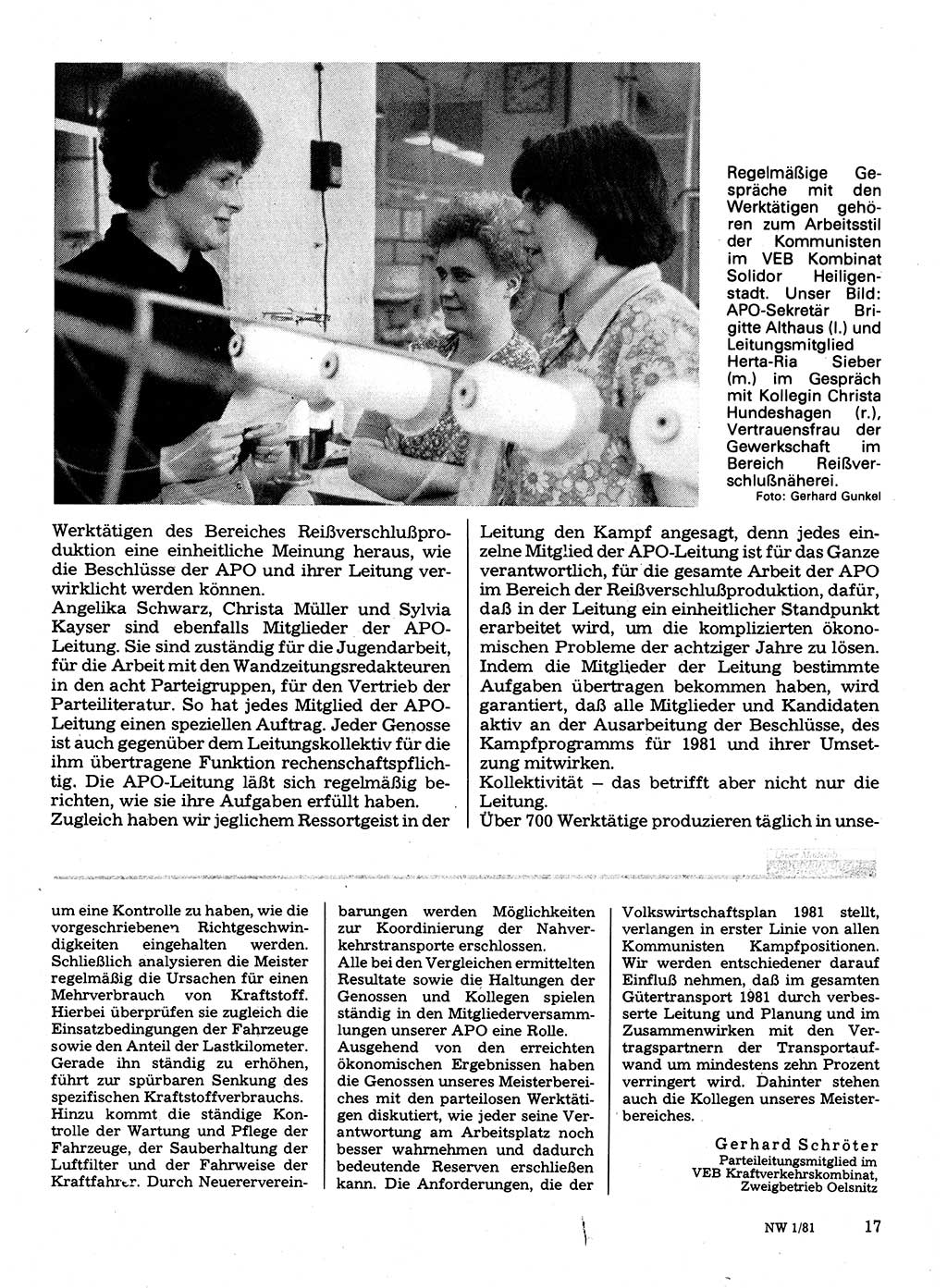 Neuer Weg (NW), Organ des Zentralkomitees (ZK) der SED (Sozialistische Einheitspartei Deutschlands) für Fragen des Parteilebens, 36. Jahrgang [Deutsche Demokratische Republik (DDR)] 1981, Seite 17 (NW ZK SED DDR 1981, S. 17)