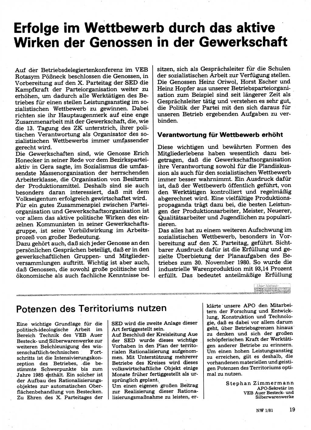 Neuer Weg (NW), Organ des Zentralkomitees (ZK) der SED (Sozialistische Einheitspartei Deutschlands) für Fragen des Parteilebens, 36. Jahrgang [Deutsche Demokratische Republik (DDR)] 1981, Seite 19 (NW ZK SED DDR 1981, S. 19)