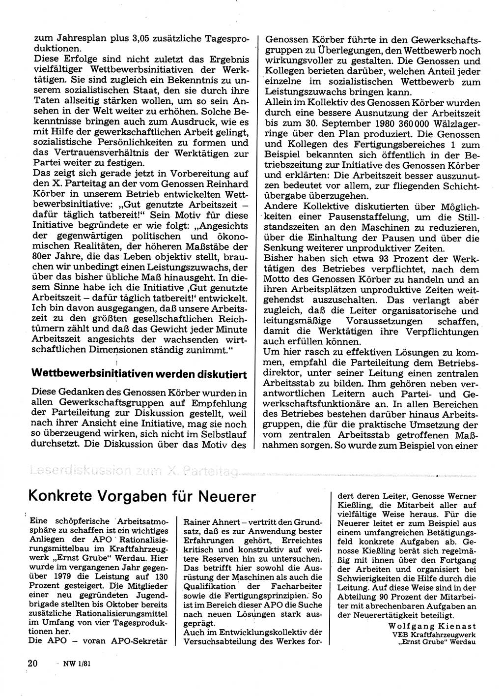 Neuer Weg (NW), Organ des Zentralkomitees (ZK) der SED (Sozialistische Einheitspartei Deutschlands) für Fragen des Parteilebens, 36. Jahrgang [Deutsche Demokratische Republik (DDR)] 1981, Seite 20 (NW ZK SED DDR 1981, S. 20)