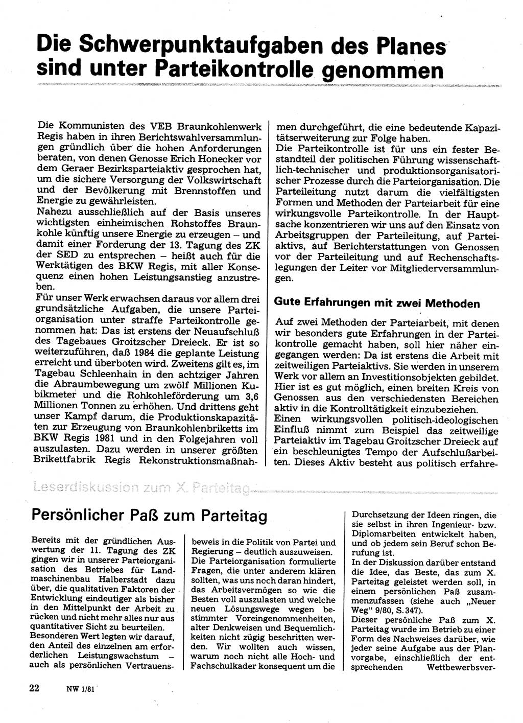 Neuer Weg (NW), Organ des Zentralkomitees (ZK) der SED (Sozialistische Einheitspartei Deutschlands) für Fragen des Parteilebens, 36. Jahrgang [Deutsche Demokratische Republik (DDR)] 1981, Seite 22 (NW ZK SED DDR 1981, S. 22)