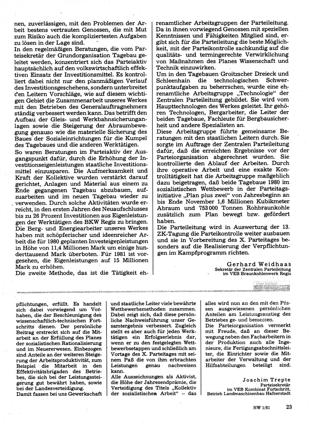Neuer Weg (NW), Organ des Zentralkomitees (ZK) der SED (Sozialistische Einheitspartei Deutschlands) für Fragen des Parteilebens, 36. Jahrgang [Deutsche Demokratische Republik (DDR)] 1981, Seite 23 (NW ZK SED DDR 1981, S. 23)