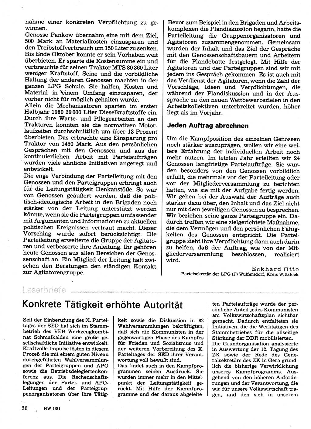 Neuer Weg (NW), Organ des Zentralkomitees (ZK) der SED (Sozialistische Einheitspartei Deutschlands) für Fragen des Parteilebens, 36. Jahrgang [Deutsche Demokratische Republik (DDR)] 1981, Seite 26 (NW ZK SED DDR 1981, S. 26)