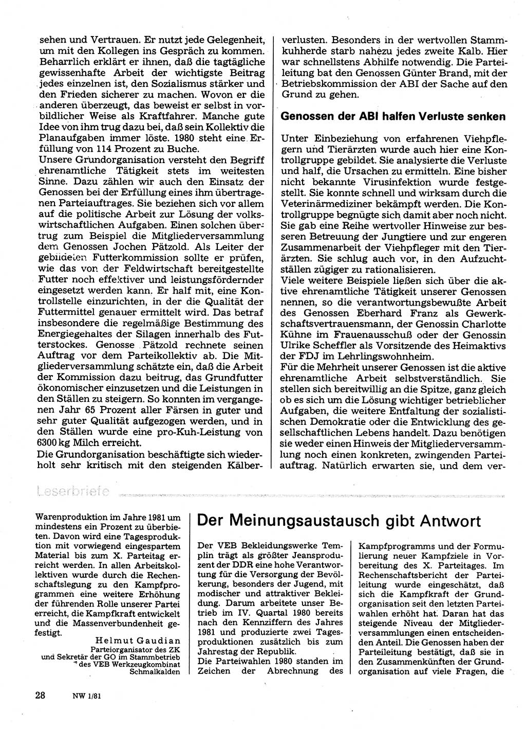 Neuer Weg (NW), Organ des Zentralkomitees (ZK) der SED (Sozialistische Einheitspartei Deutschlands) für Fragen des Parteilebens, 36. Jahrgang [Deutsche Demokratische Republik (DDR)] 1981, Seite 28 (NW ZK SED DDR 1981, S. 28)