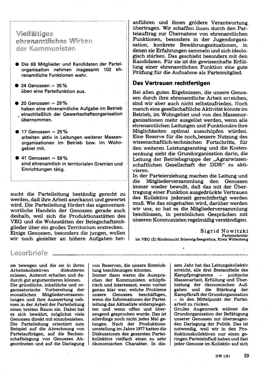 Neuer Weg (NW), Organ des Zentralkomitees (ZK) der SED (Sozialistische Einheitspartei Deutschlands) für Fragen des Parteilebens, 36. Jahrgang [Deutsche Demokratische Republik (DDR)] 1981, Seite 29 (NW ZK SED DDR 1981, S. 29)