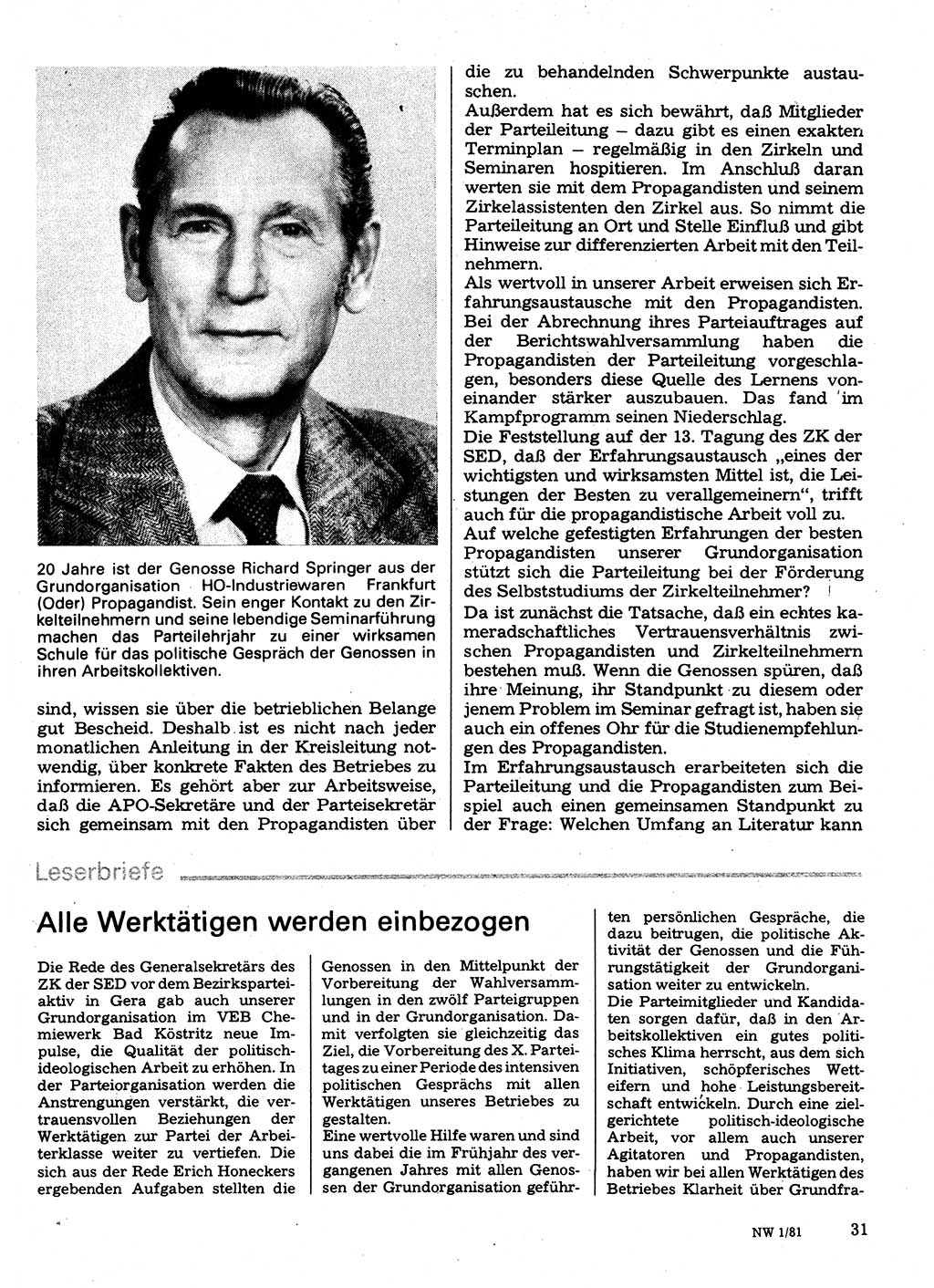 Neuer Weg (NW), Organ des Zentralkomitees (ZK) der SED (Sozialistische Einheitspartei Deutschlands) für Fragen des Parteilebens, 36. Jahrgang [Deutsche Demokratische Republik (DDR)] 1981, Seite 31 (NW ZK SED DDR 1981, S. 31)