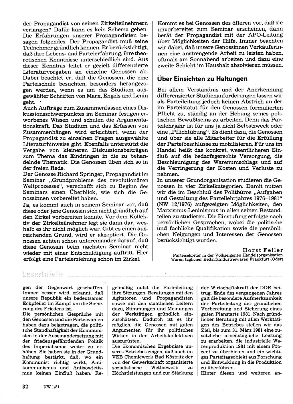 Neuer Weg (NW), Organ des Zentralkomitees (ZK) der SED (Sozialistische Einheitspartei Deutschlands) für Fragen des Parteilebens, 36. Jahrgang [Deutsche Demokratische Republik (DDR)] 1981, Seite 32 (NW ZK SED DDR 1981, S. 32)