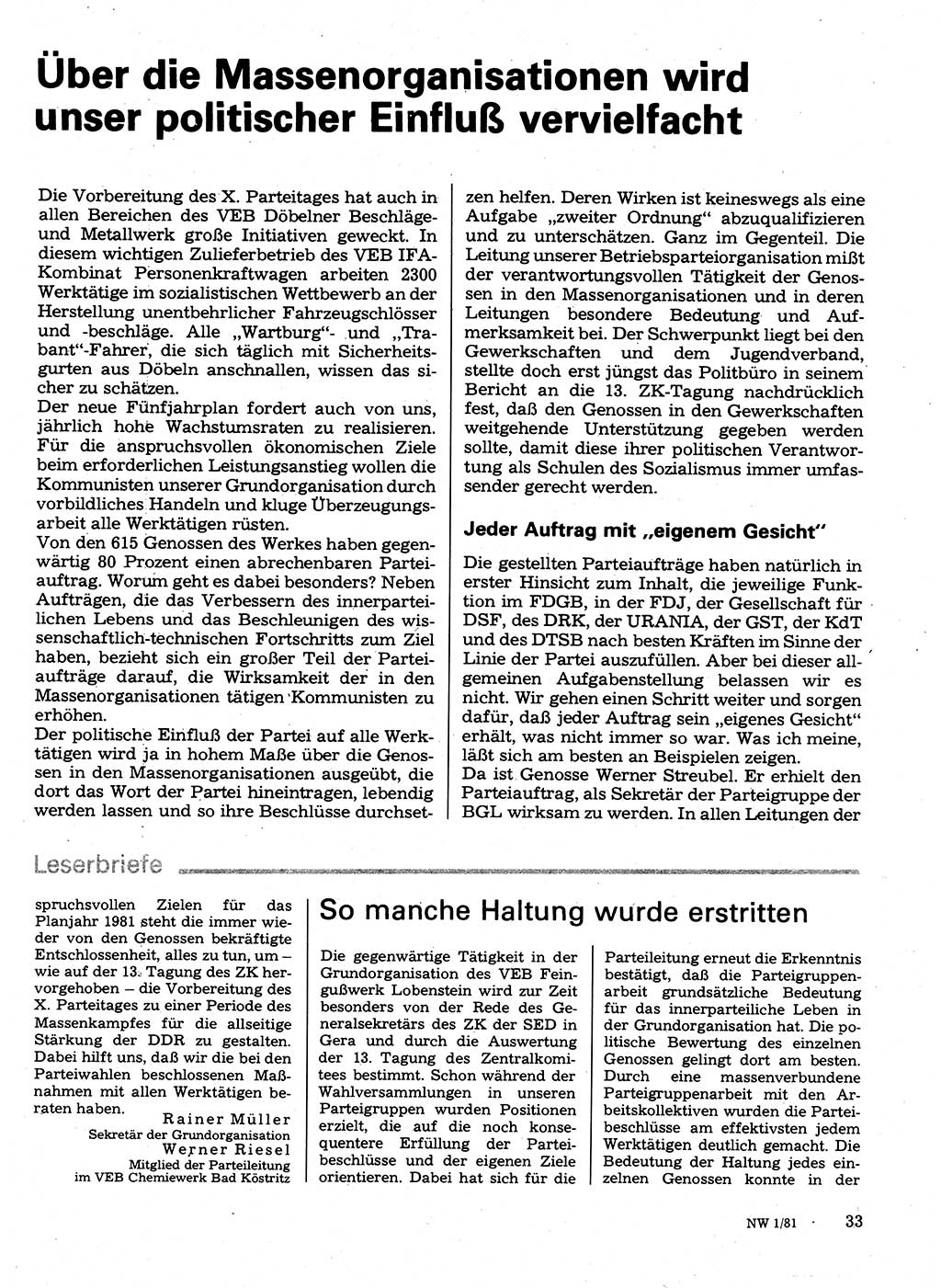 Neuer Weg (NW), Organ des Zentralkomitees (ZK) der SED (Sozialistische Einheitspartei Deutschlands) für Fragen des Parteilebens, 36. Jahrgang [Deutsche Demokratische Republik (DDR)] 1981, Seite 33 (NW ZK SED DDR 1981, S. 33)