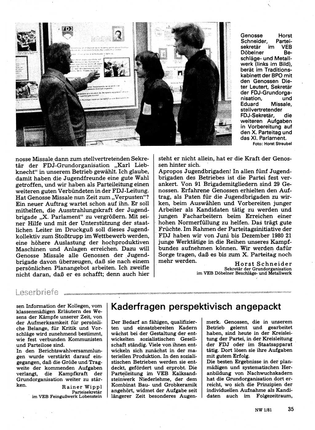 Neuer Weg (NW), Organ des Zentralkomitees (ZK) der SED (Sozialistische Einheitspartei Deutschlands) für Fragen des Parteilebens, 36. Jahrgang [Deutsche Demokratische Republik (DDR)] 1981, Seite 35 (NW ZK SED DDR 1981, S. 35)