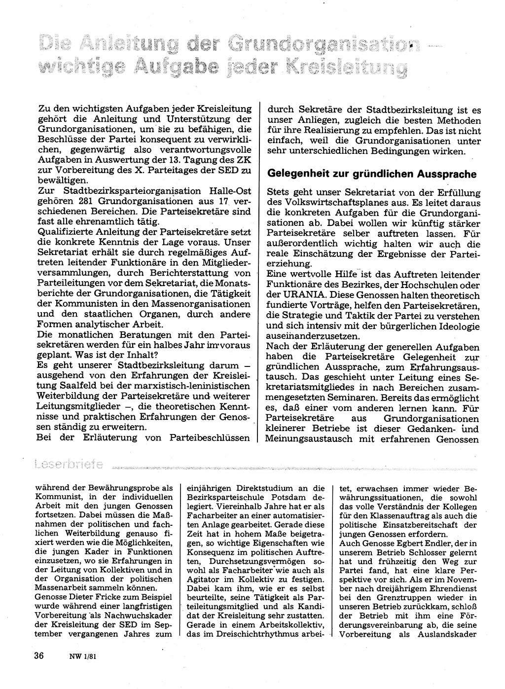 Neuer Weg (NW), Organ des Zentralkomitees (ZK) der SED (Sozialistische Einheitspartei Deutschlands) für Fragen des Parteilebens, 36. Jahrgang [Deutsche Demokratische Republik (DDR)] 1981, Seite 36 (NW ZK SED DDR 1981, S. 36)