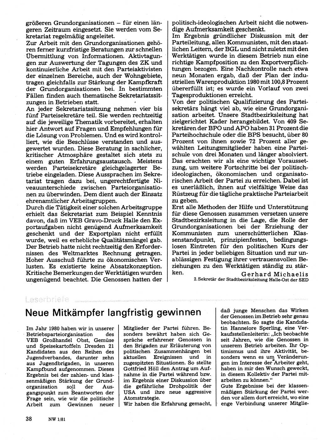 Neuer Weg (NW), Organ des Zentralkomitees (ZK) der SED (Sozialistische Einheitspartei Deutschlands) für Fragen des Parteilebens, 36. Jahrgang [Deutsche Demokratische Republik (DDR)] 1981, Seite 38 (NW ZK SED DDR 1981, S. 38)