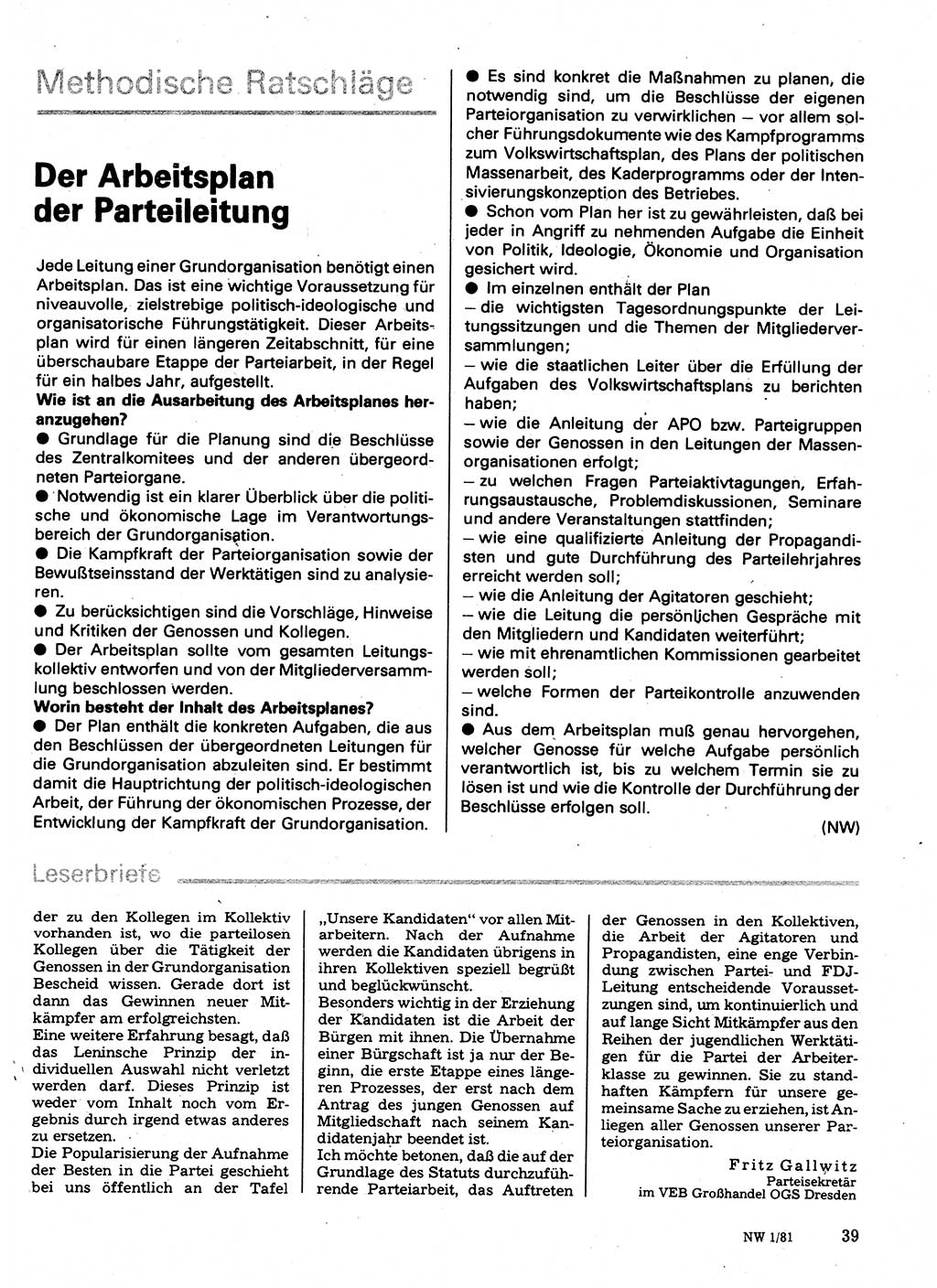 Neuer Weg (NW), Organ des Zentralkomitees (ZK) der SED (Sozialistische Einheitspartei Deutschlands) für Fragen des Parteilebens, 36. Jahrgang [Deutsche Demokratische Republik (DDR)] 1981, Seite 39 (NW ZK SED DDR 1981, S. 39)