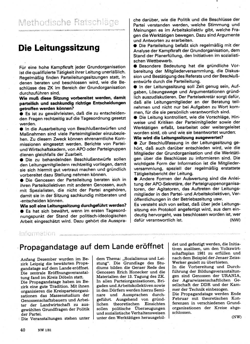Neuer Weg (NW), Organ des Zentralkomitees (ZK) der SED (Sozialistische Einheitspartei Deutschlands) für Fragen des Parteilebens, 36. Jahrgang [Deutsche Demokratische Republik (DDR)] 1981, Seite 40 (NW ZK SED DDR 1981, S. 40)