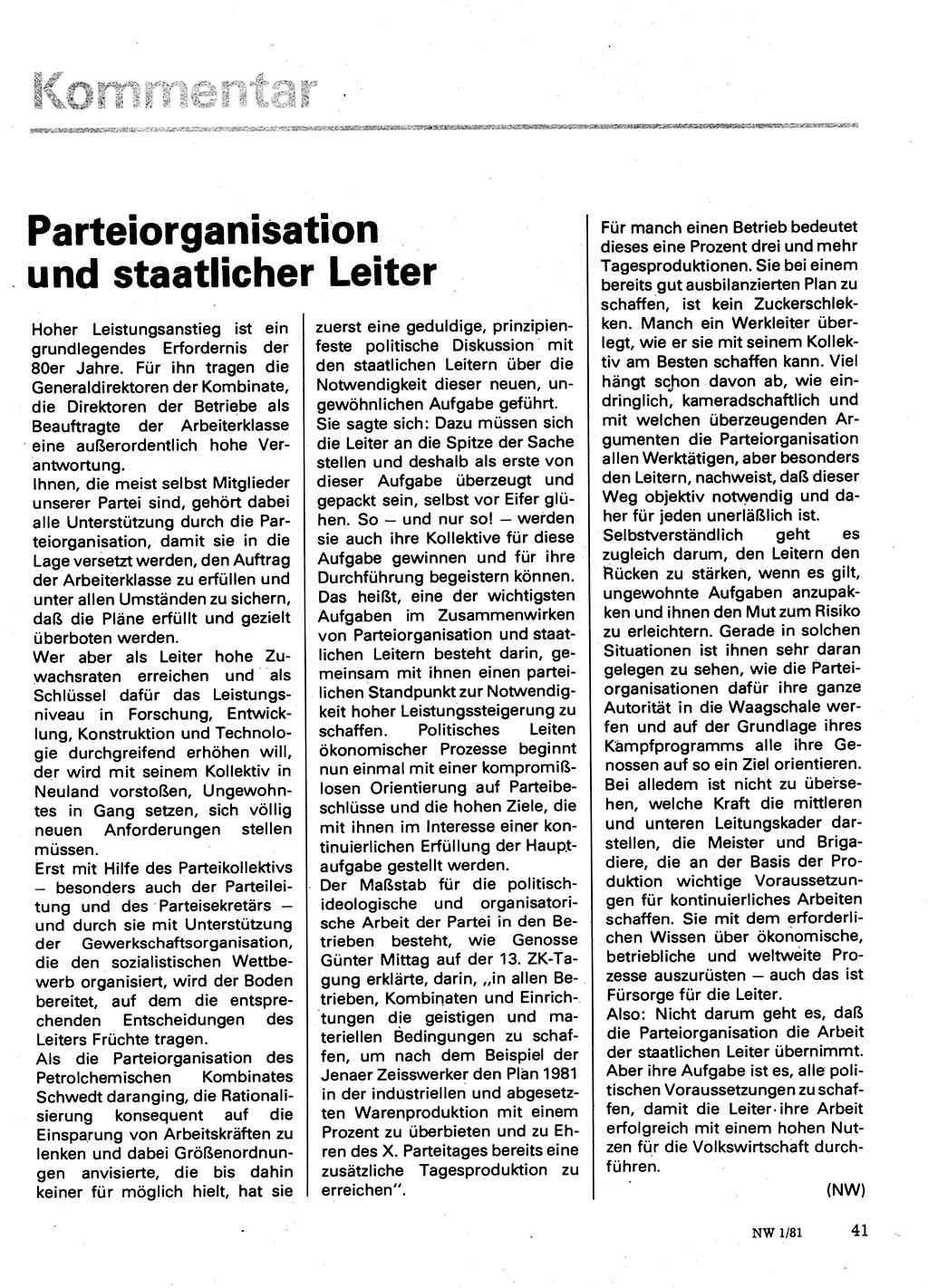 Neuer Weg (NW), Organ des Zentralkomitees (ZK) der SED (Sozialistische Einheitspartei Deutschlands) für Fragen des Parteilebens, 36. Jahrgang [Deutsche Demokratische Republik (DDR)] 1981, Seite 41 (NW ZK SED DDR 1981, S. 41)