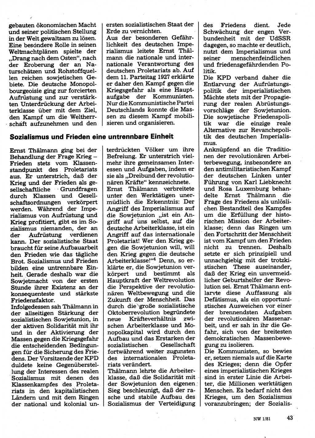 Neuer Weg (NW), Organ des Zentralkomitees (ZK) der SED (Sozialistische Einheitspartei Deutschlands) für Fragen des Parteilebens, 36. Jahrgang [Deutsche Demokratische Republik (DDR)] 1981, Seite 43 (NW ZK SED DDR 1981, S. 43)