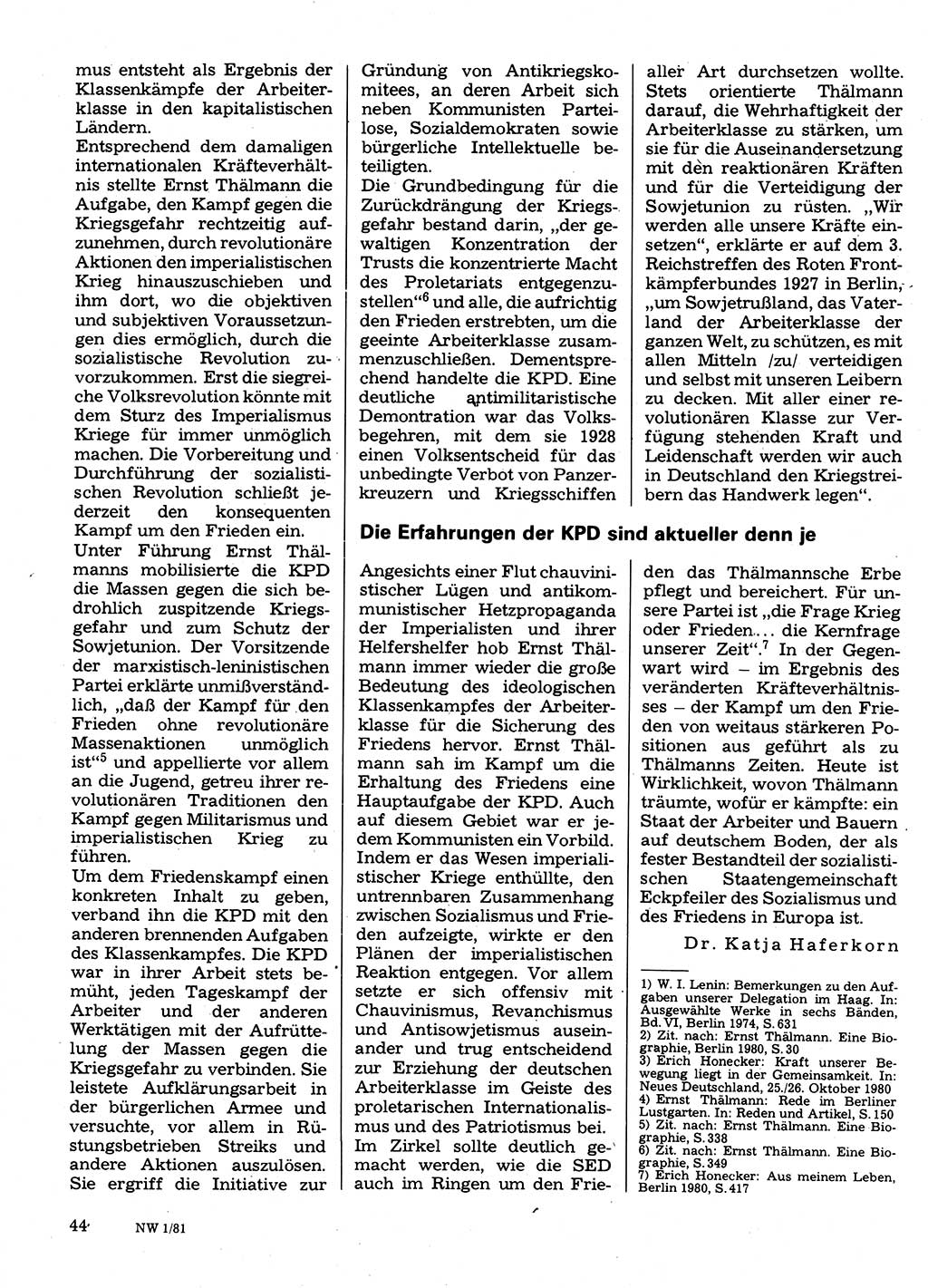 Neuer Weg (NW), Organ des Zentralkomitees (ZK) der SED (Sozialistische Einheitspartei Deutschlands) für Fragen des Parteilebens, 36. Jahrgang [Deutsche Demokratische Republik (DDR)] 1981, Seite 44 (NW ZK SED DDR 1981, S. 44)