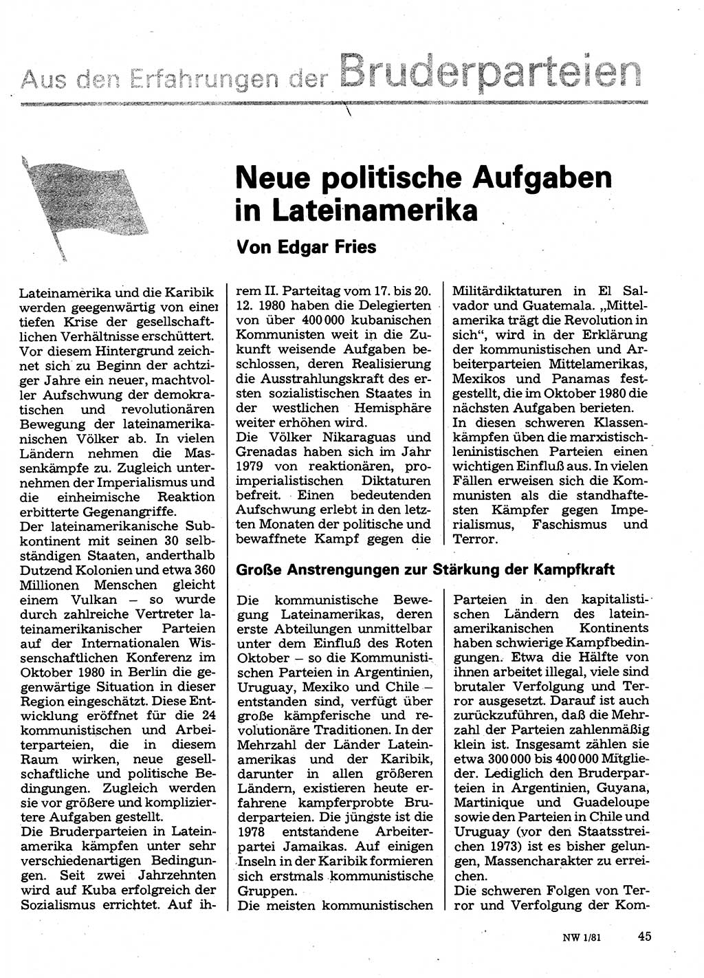 Neuer Weg (NW), Organ des Zentralkomitees (ZK) der SED (Sozialistische Einheitspartei Deutschlands) für Fragen des Parteilebens, 36. Jahrgang [Deutsche Demokratische Republik (DDR)] 1981, Seite 45 (NW ZK SED DDR 1981, S. 45)