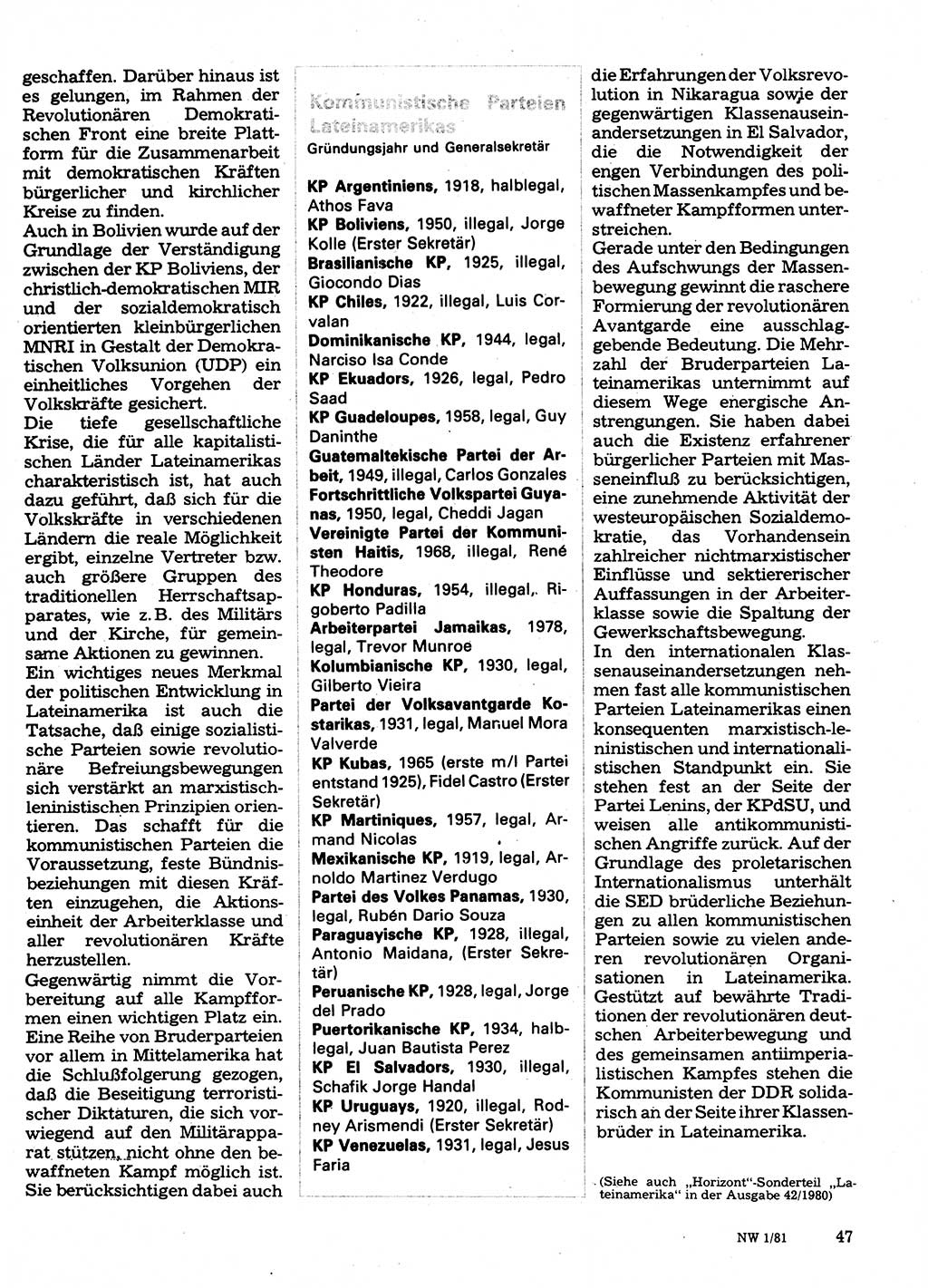 Neuer Weg (NW), Organ des Zentralkomitees (ZK) der SED (Sozialistische Einheitspartei Deutschlands) für Fragen des Parteilebens, 36. Jahrgang [Deutsche Demokratische Republik (DDR)] 1981, Seite 47 (NW ZK SED DDR 1981, S. 47)