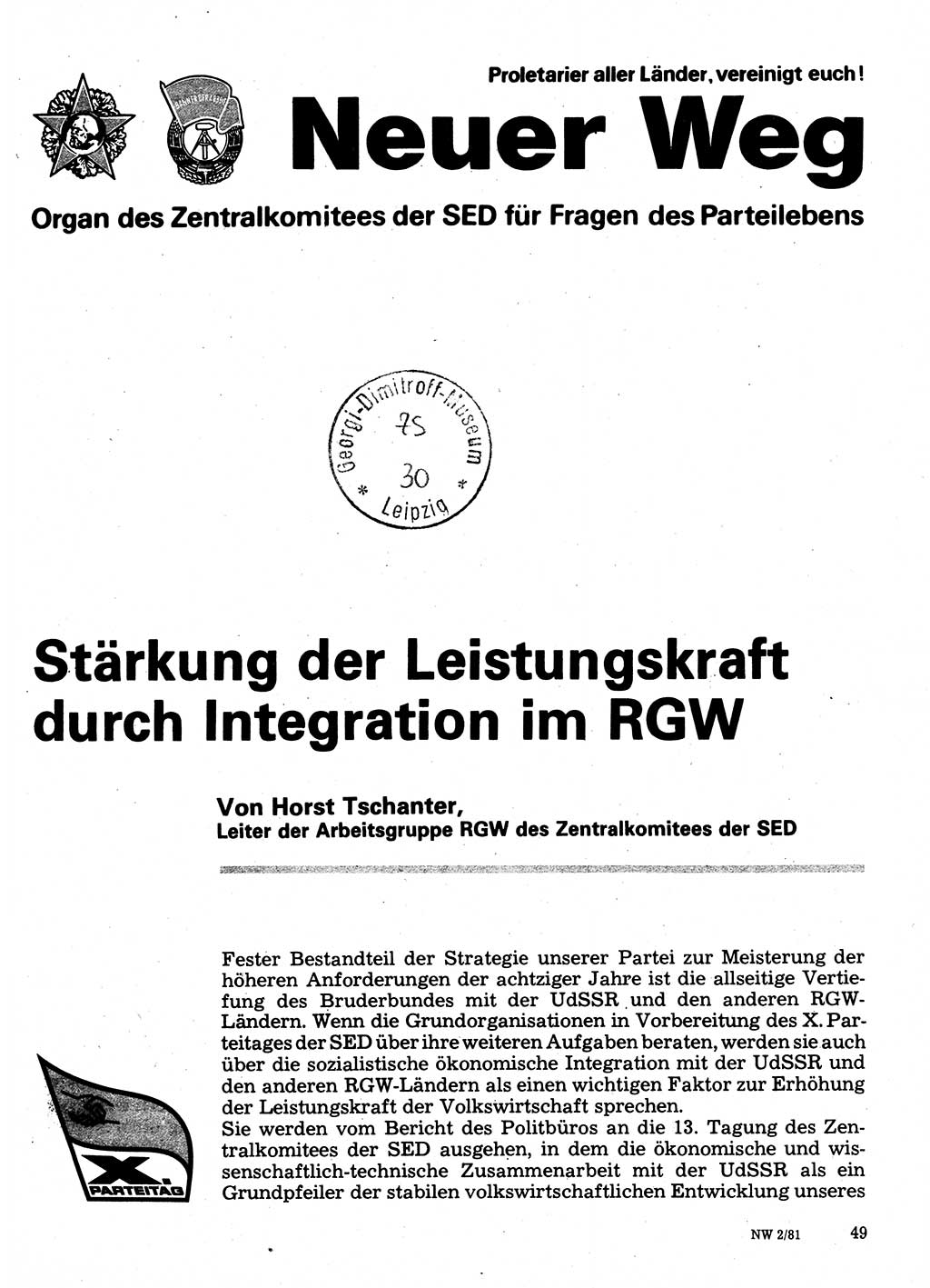 Neuer Weg (NW), Organ des Zentralkomitees (ZK) der SED (Sozialistische Einheitspartei Deutschlands) für Fragen des Parteilebens, 36. Jahrgang [Deutsche Demokratische Republik (DDR)] 1981, Seite 49 (NW ZK SED DDR 1981, S. 49)