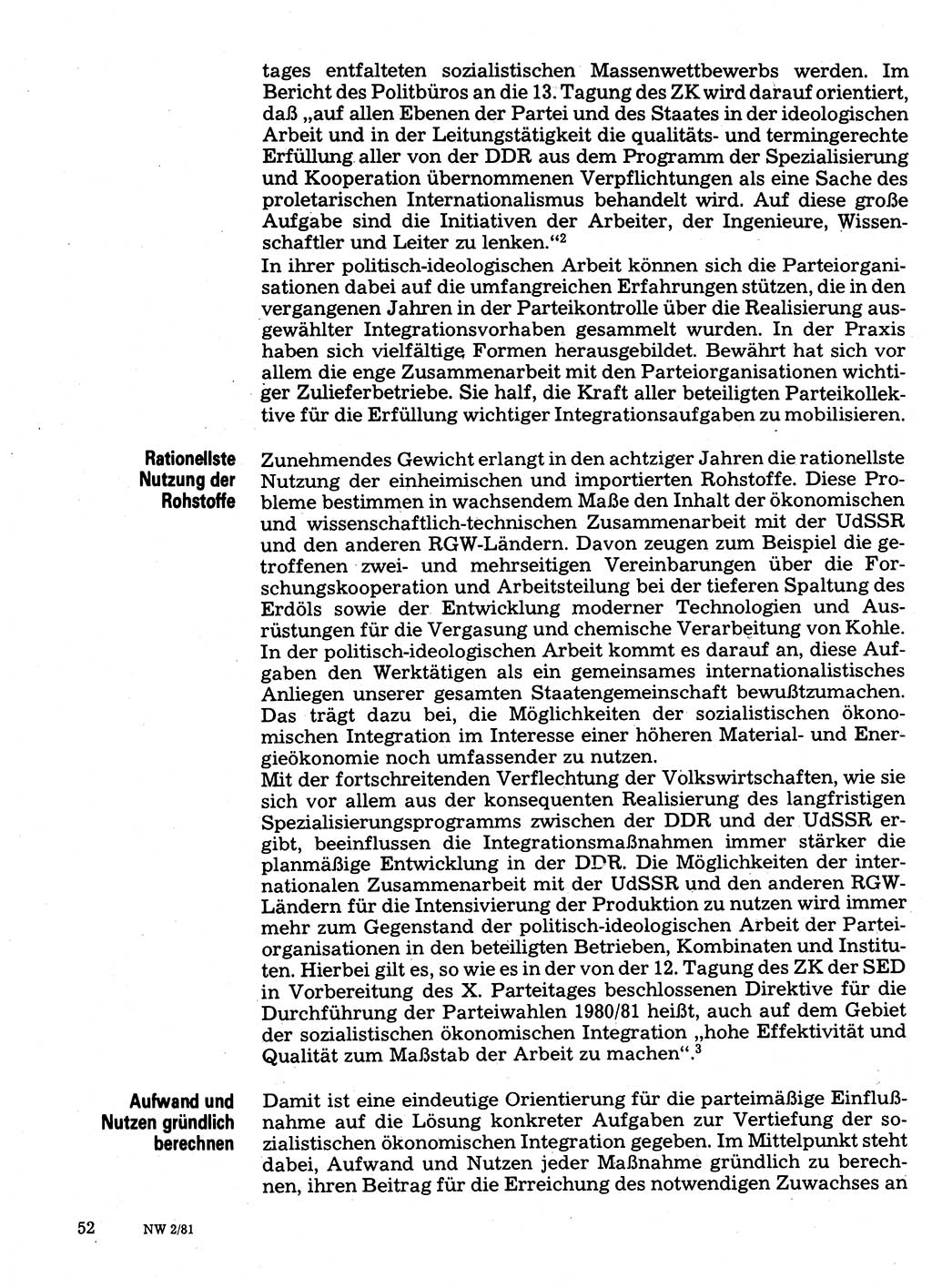 Neuer Weg (NW), Organ des Zentralkomitees (ZK) der SED (Sozialistische Einheitspartei Deutschlands) für Fragen des Parteilebens, 36. Jahrgang [Deutsche Demokratische Republik (DDR)] 1981, Seite 52 (NW ZK SED DDR 1981, S. 52)