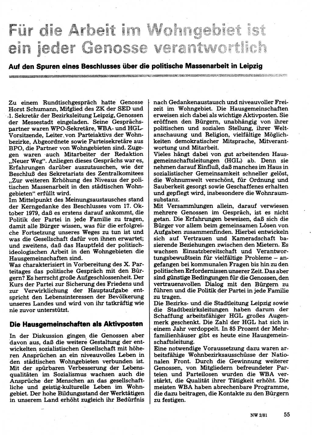 Neuer Weg (NW), Organ des Zentralkomitees (ZK) der SED (Sozialistische Einheitspartei Deutschlands) für Fragen des Parteilebens, 36. Jahrgang [Deutsche Demokratische Republik (DDR)] 1981, Seite 55 (NW ZK SED DDR 1981, S. 55)