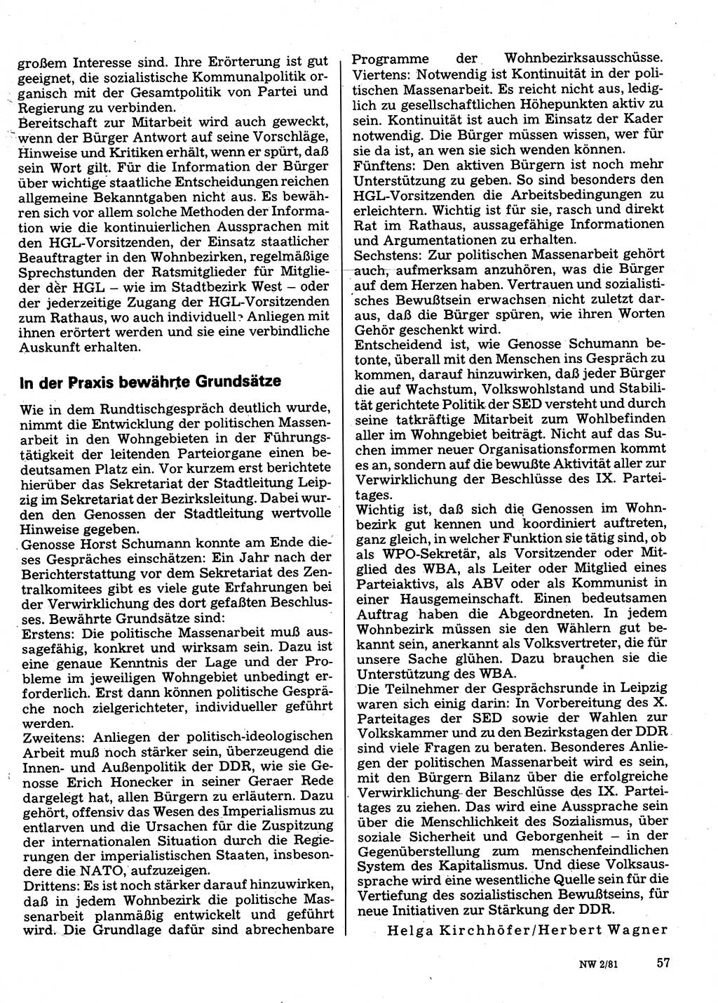 Neuer Weg (NW), Organ des Zentralkomitees (ZK) der SED (Sozialistische Einheitspartei Deutschlands) für Fragen des Parteilebens, 36. Jahrgang [Deutsche Demokratische Republik (DDR)] 1981, Seite 57 (NW ZK SED DDR 1981, S. 57)