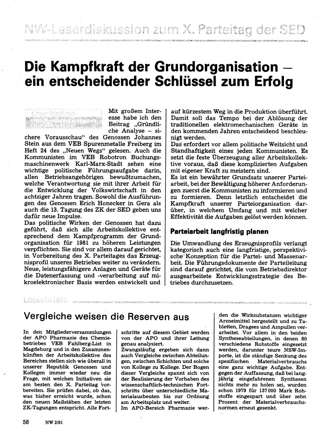Neuer Weg (NW), Organ des Zentralkomitees (ZK) der SED (Sozialistische Einheitspartei Deutschlands) für Fragen des Parteilebens, 36. Jahrgang [Deutsche Demokratische Republik (DDR)] 1981, Seite 58 (NW ZK SED DDR 1981, S. 58)