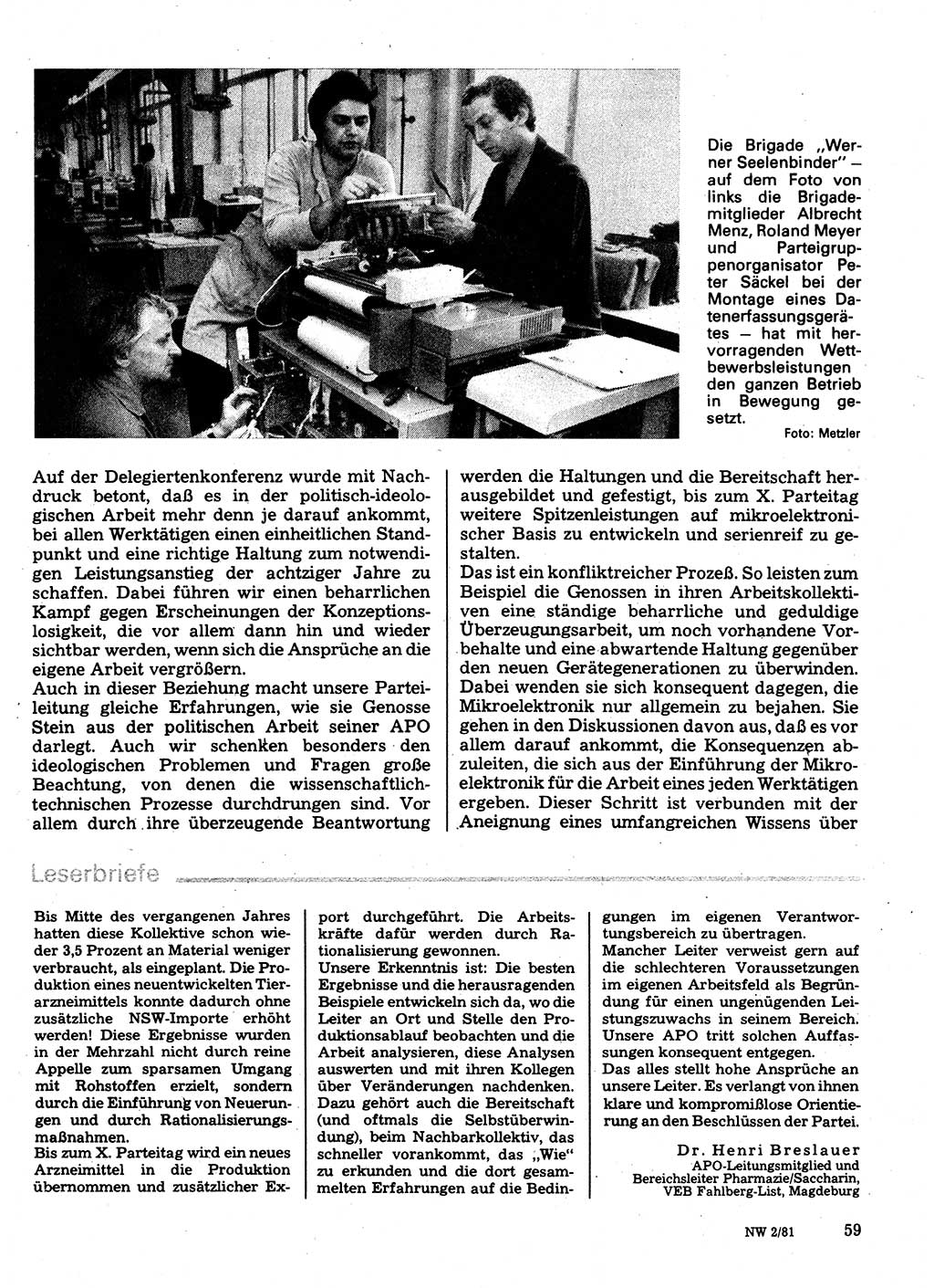 Neuer Weg (NW), Organ des Zentralkomitees (ZK) der SED (Sozialistische Einheitspartei Deutschlands) für Fragen des Parteilebens, 36. Jahrgang [Deutsche Demokratische Republik (DDR)] 1981, Seite 59 (NW ZK SED DDR 1981, S. 59)