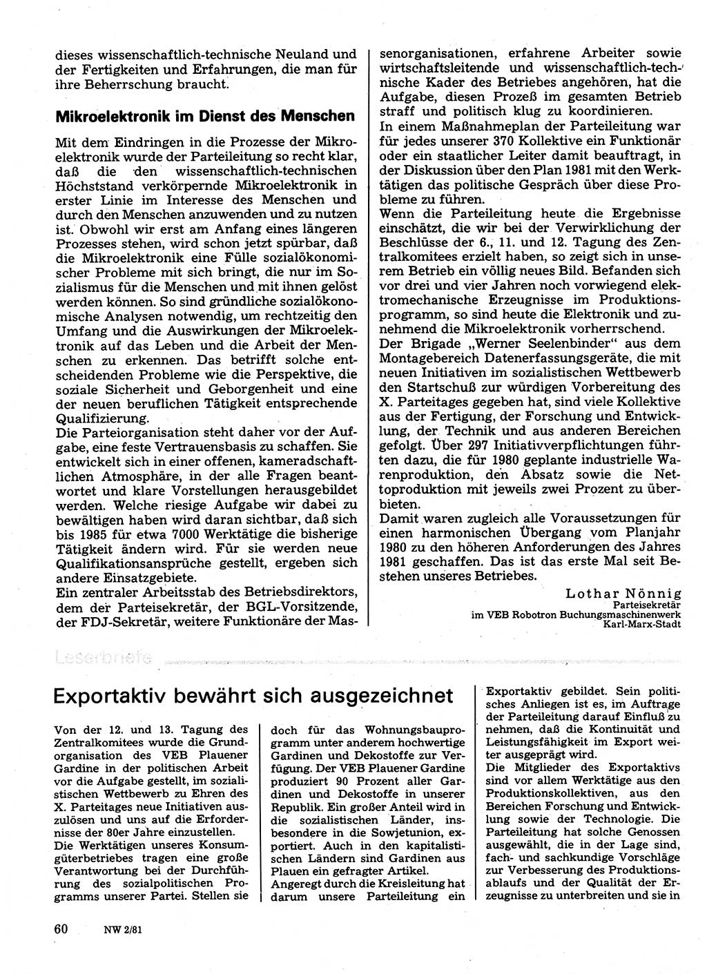 Neuer Weg (NW), Organ des Zentralkomitees (ZK) der SED (Sozialistische Einheitspartei Deutschlands) für Fragen des Parteilebens, 36. Jahrgang [Deutsche Demokratische Republik (DDR)] 1981, Seite 60 (NW ZK SED DDR 1981, S. 60)