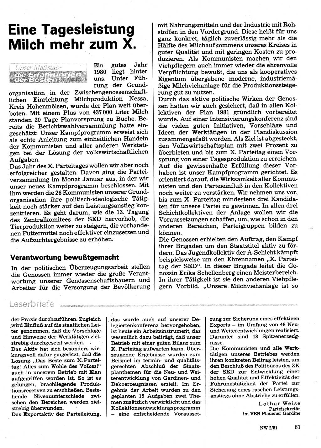 Neuer Weg (NW), Organ des Zentralkomitees (ZK) der SED (Sozialistische Einheitspartei Deutschlands) für Fragen des Parteilebens, 36. Jahrgang [Deutsche Demokratische Republik (DDR)] 1981, Seite 61 (NW ZK SED DDR 1981, S. 61)