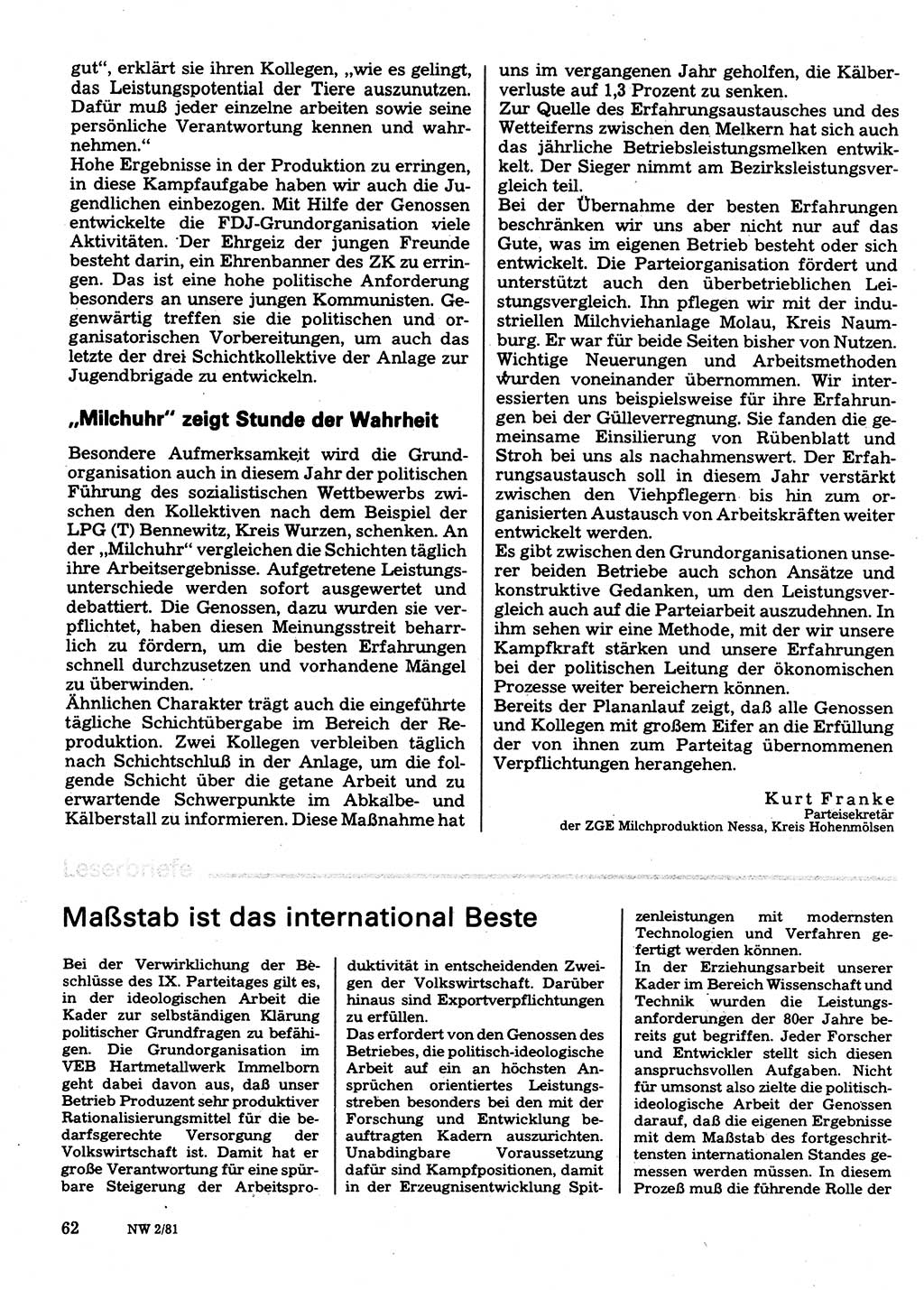 Neuer Weg (NW), Organ des Zentralkomitees (ZK) der SED (Sozialistische Einheitspartei Deutschlands) für Fragen des Parteilebens, 36. Jahrgang [Deutsche Demokratische Republik (DDR)] 1981, Seite 62 (NW ZK SED DDR 1981, S. 62)