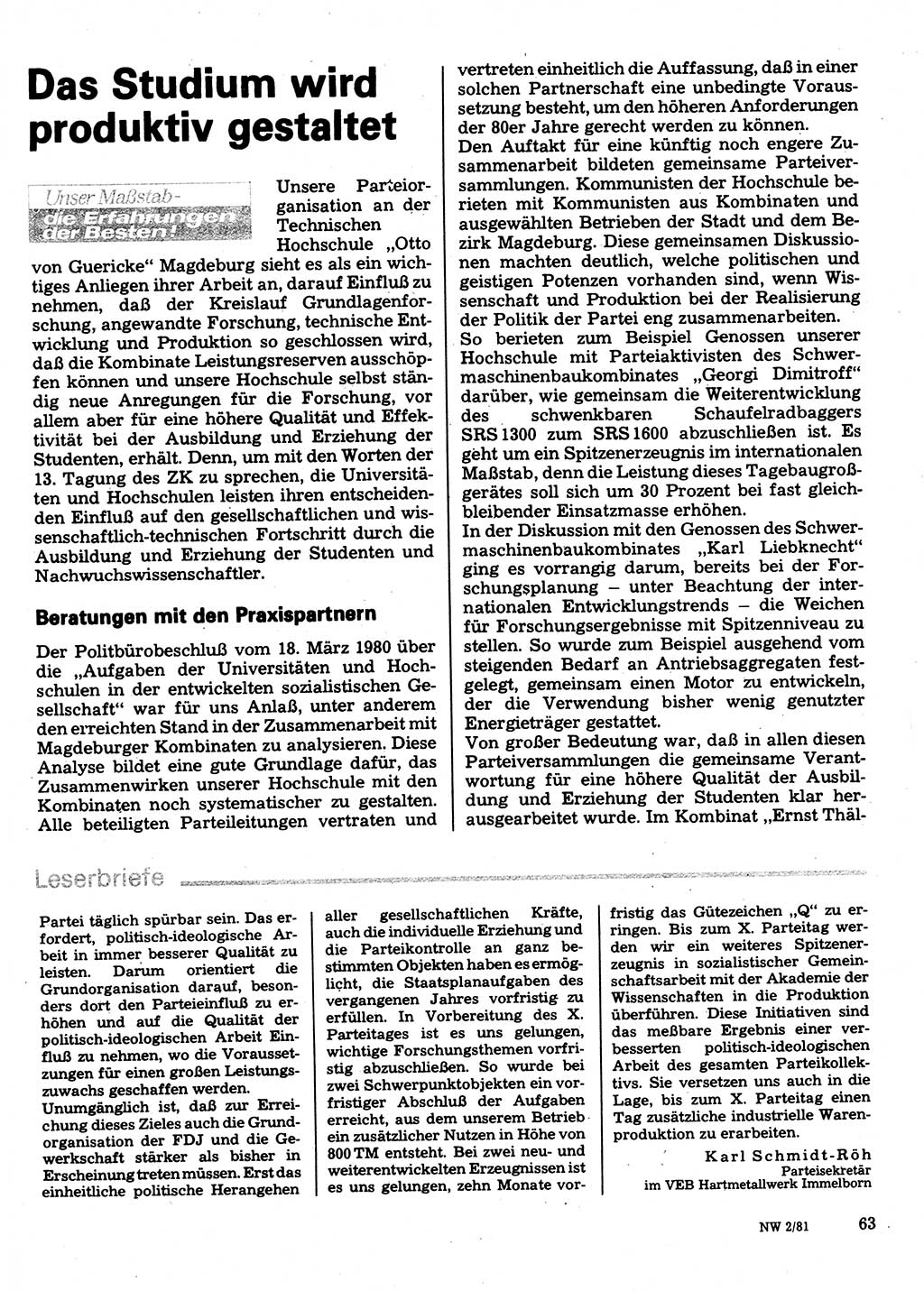 Neuer Weg (NW), Organ des Zentralkomitees (ZK) der SED (Sozialistische Einheitspartei Deutschlands) für Fragen des Parteilebens, 36. Jahrgang [Deutsche Demokratische Republik (DDR)] 1981, Seite 63 (NW ZK SED DDR 1981, S. 63)