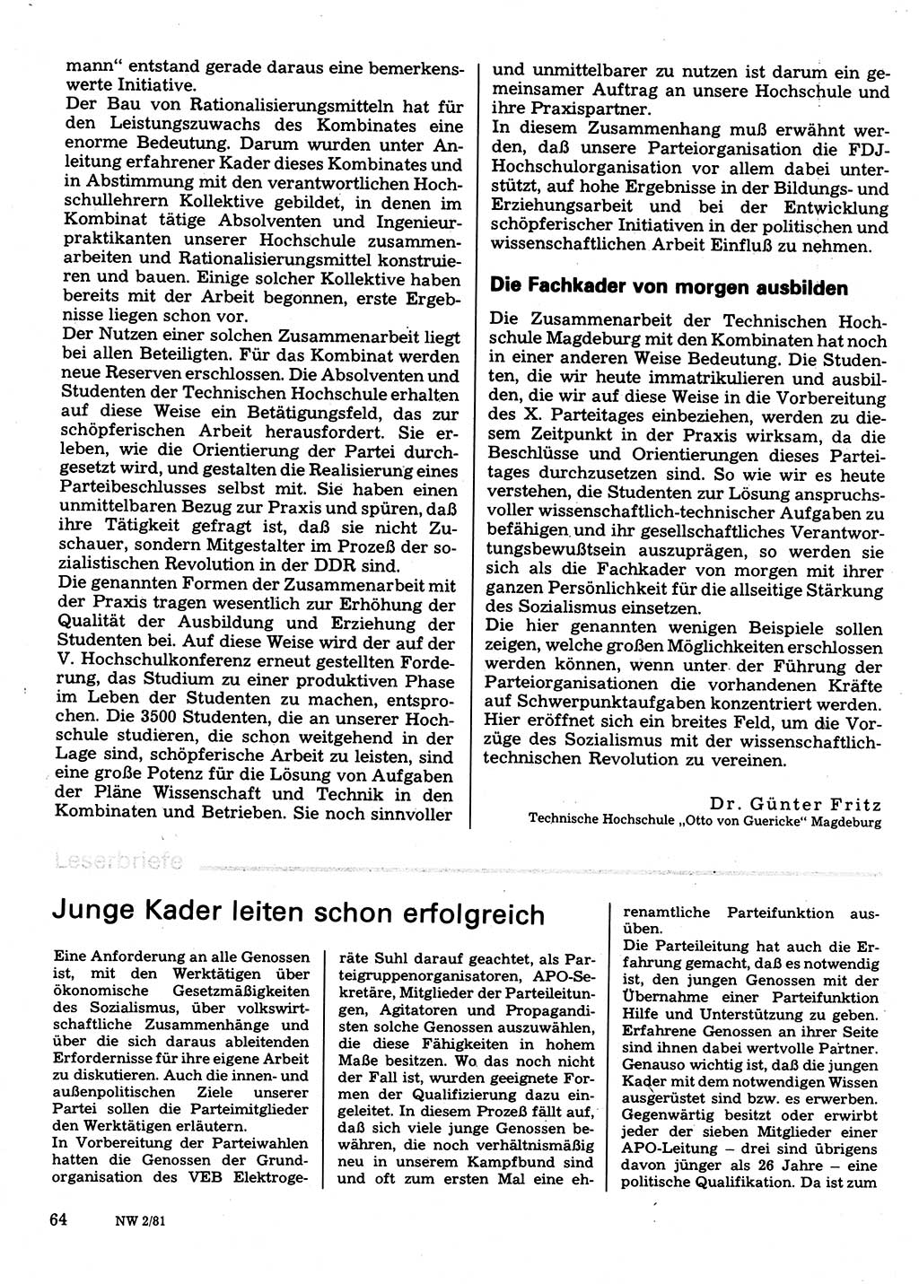 Neuer Weg (NW), Organ des Zentralkomitees (ZK) der SED (Sozialistische Einheitspartei Deutschlands) für Fragen des Parteilebens, 36. Jahrgang [Deutsche Demokratische Republik (DDR)] 1981, Seite 64 (NW ZK SED DDR 1981, S. 64)