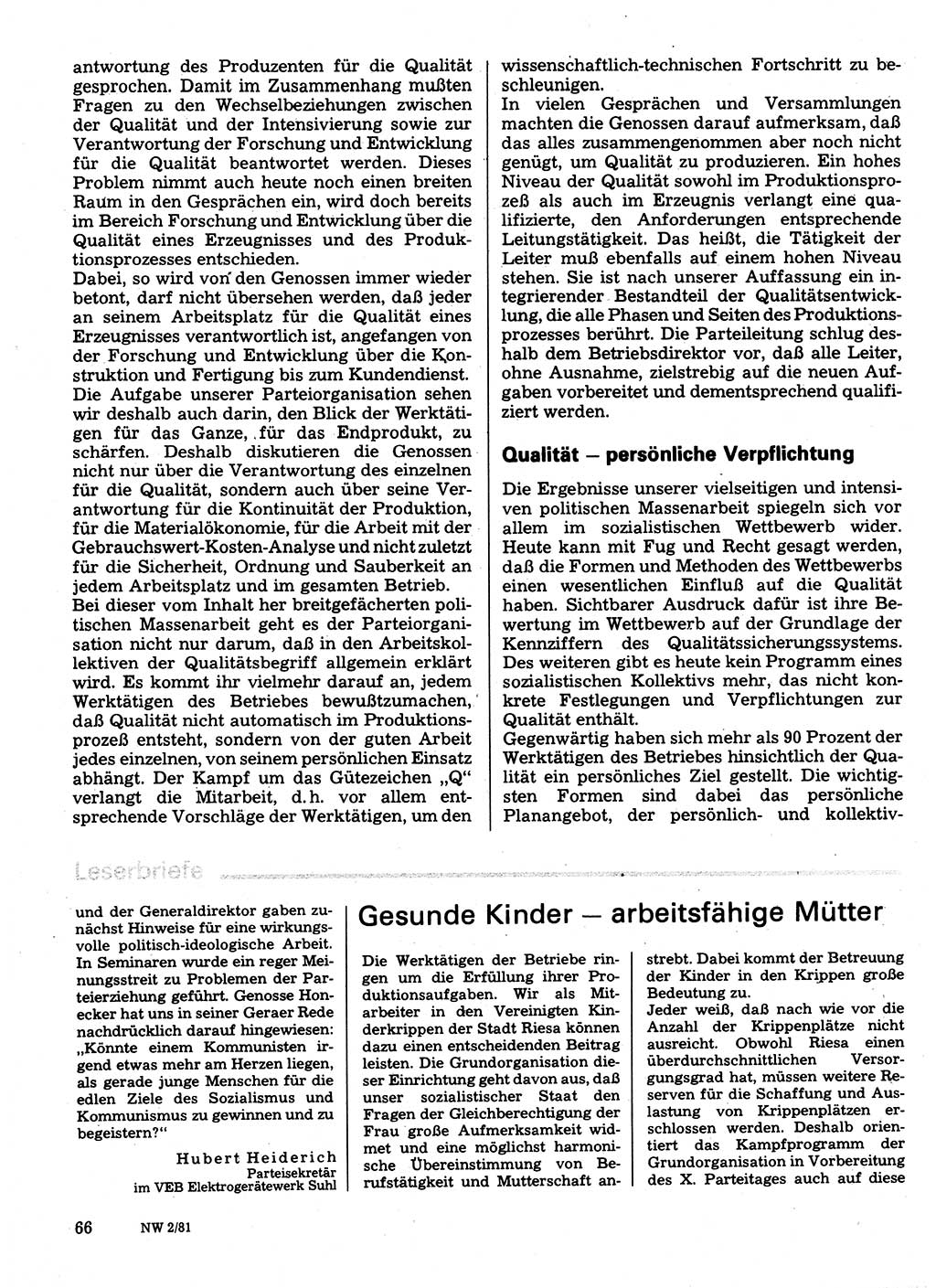 Neuer Weg (NW), Organ des Zentralkomitees (ZK) der SED (Sozialistische Einheitspartei Deutschlands) für Fragen des Parteilebens, 36. Jahrgang [Deutsche Demokratische Republik (DDR)] 1981, Seite 66 (NW ZK SED DDR 1981, S. 66)