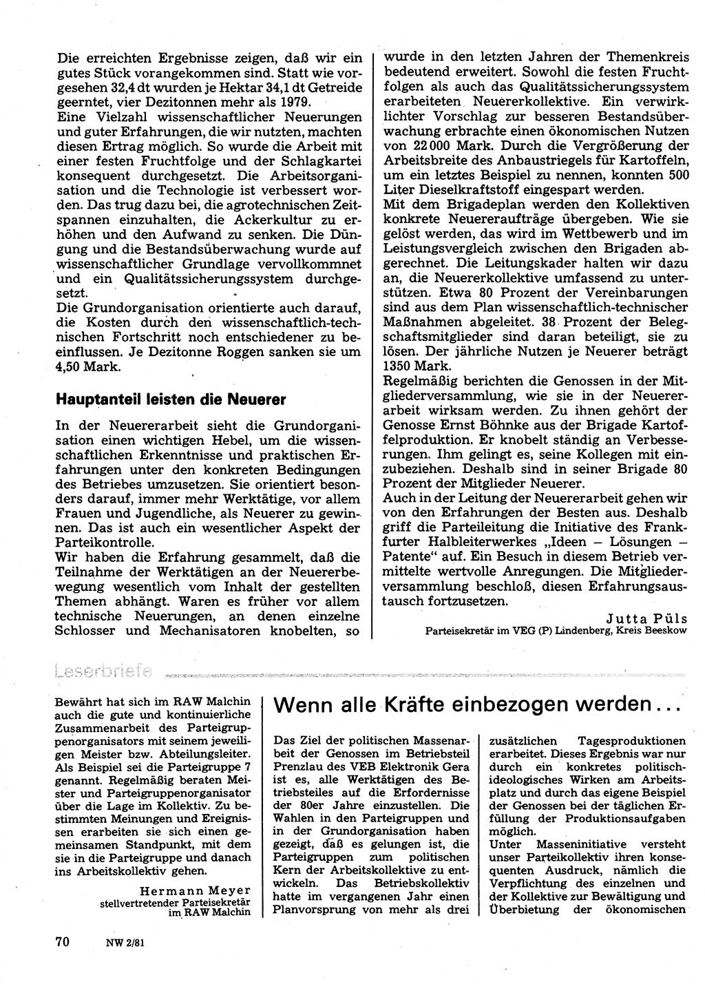 Neuer Weg (NW), Organ des Zentralkomitees (ZK) der SED (Sozialistische Einheitspartei Deutschlands) für Fragen des Parteilebens, 36. Jahrgang [Deutsche Demokratische Republik (DDR)] 1981, Seite 70 (NW ZK SED DDR 1981, S. 70)