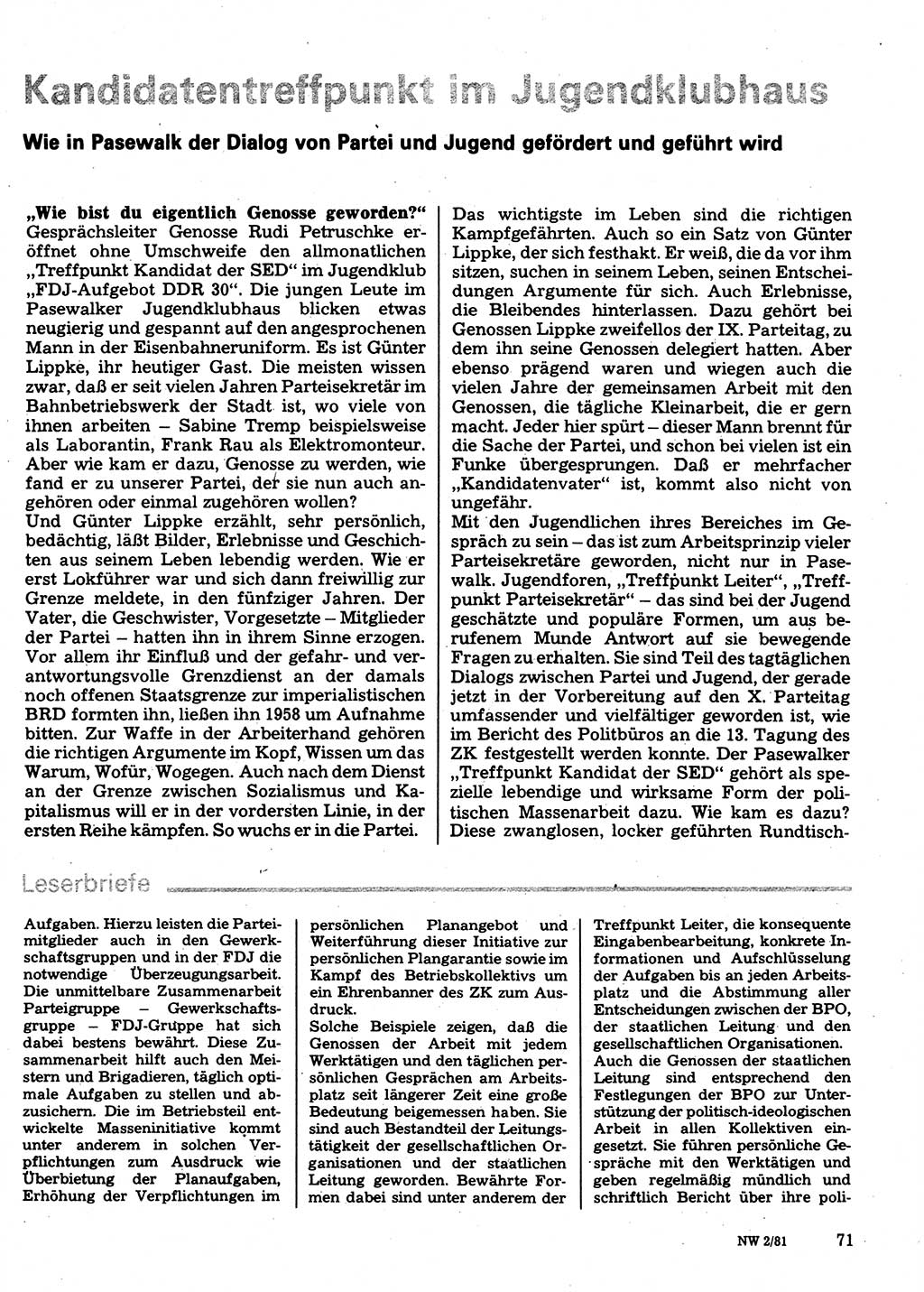 Neuer Weg (NW), Organ des Zentralkomitees (ZK) der SED (Sozialistische Einheitspartei Deutschlands) für Fragen des Parteilebens, 36. Jahrgang [Deutsche Demokratische Republik (DDR)] 1981, Seite 71 (NW ZK SED DDR 1981, S. 71)