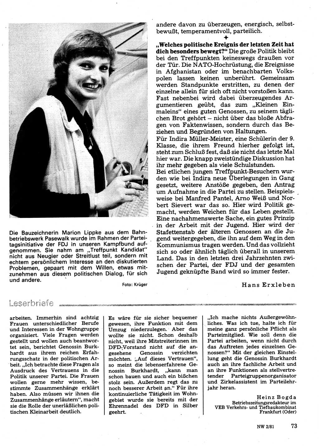 Neuer Weg (NW), Organ des Zentralkomitees (ZK) der SED (Sozialistische Einheitspartei Deutschlands) für Fragen des Parteilebens, 36. Jahrgang [Deutsche Demokratische Republik (DDR)] 1981, Seite 73 (NW ZK SED DDR 1981, S. 73)