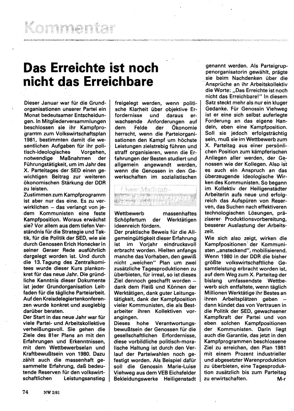 Neuer Weg (NW), Organ des Zentralkomitees (ZK) der SED (Sozialistische Einheitspartei Deutschlands) für Fragen des Parteilebens, 36. Jahrgang [Deutsche Demokratische Republik (DDR)] 1981, Seite 74 (NW ZK SED DDR 1981, S. 74)