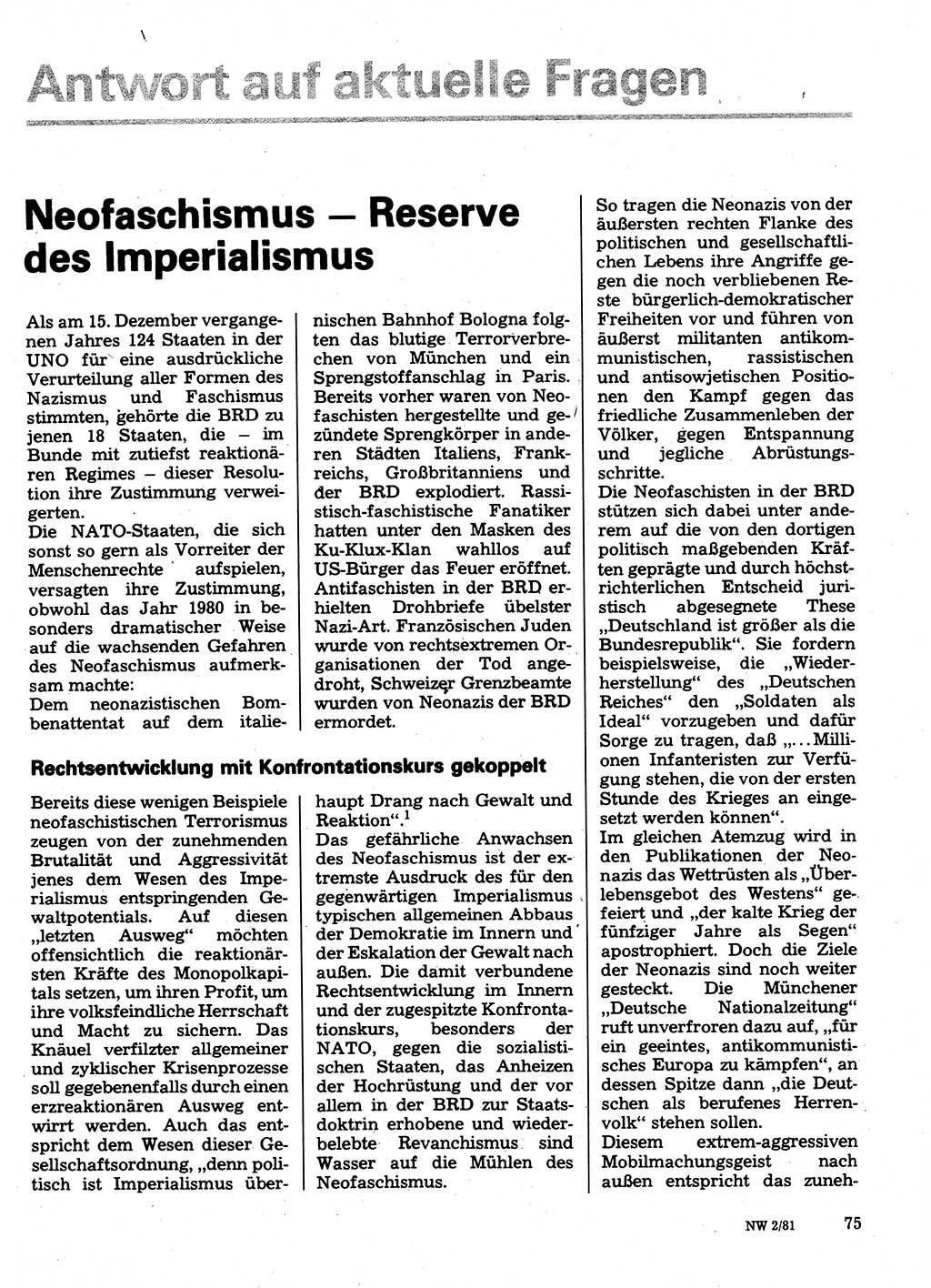 Neuer Weg (NW), Organ des Zentralkomitees (ZK) der SED (Sozialistische Einheitspartei Deutschlands) für Fragen des Parteilebens, 36. Jahrgang [Deutsche Demokratische Republik (DDR)] 1981, Seite 75 (NW ZK SED DDR 1981, S. 75)