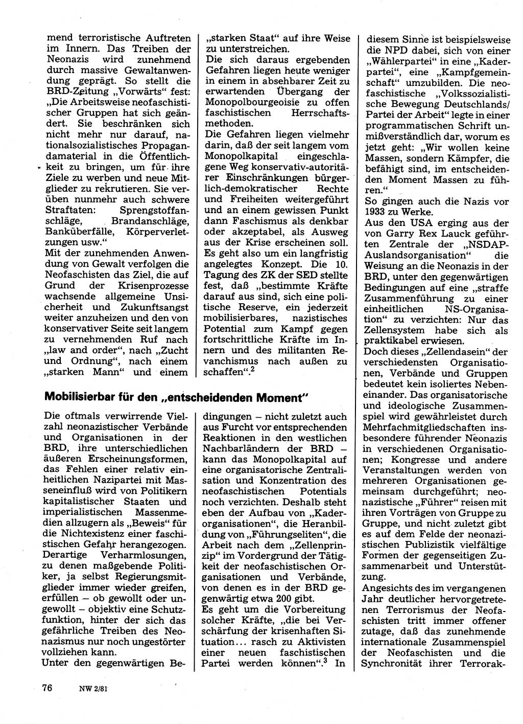 Neuer Weg (NW), Organ des Zentralkomitees (ZK) der SED (Sozialistische Einheitspartei Deutschlands) für Fragen des Parteilebens, 36. Jahrgang [Deutsche Demokratische Republik (DDR)] 1981, Seite 76 (NW ZK SED DDR 1981, S. 76)