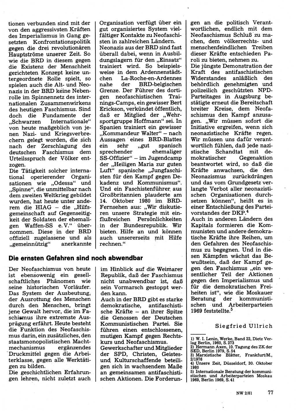 Neuer Weg (NW), Organ des Zentralkomitees (ZK) der SED (Sozialistische Einheitspartei Deutschlands) für Fragen des Parteilebens, 36. Jahrgang [Deutsche Demokratische Republik (DDR)] 1981, Seite 77 (NW ZK SED DDR 1981, S. 77)