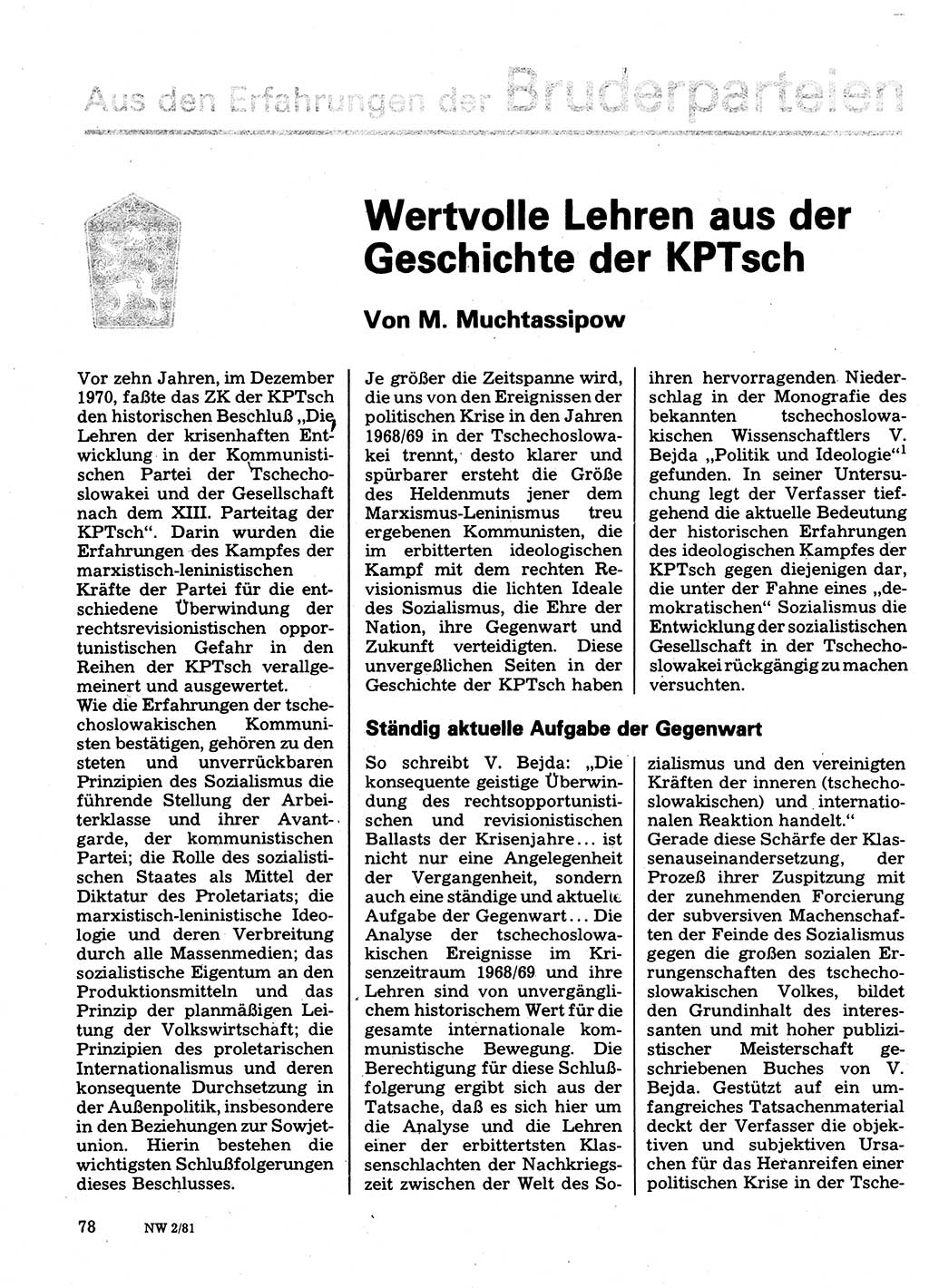 Neuer Weg (NW), Organ des Zentralkomitees (ZK) der SED (Sozialistische Einheitspartei Deutschlands) für Fragen des Parteilebens, 36. Jahrgang [Deutsche Demokratische Republik (DDR)] 1981, Seite 78 (NW ZK SED DDR 1981, S. 78)