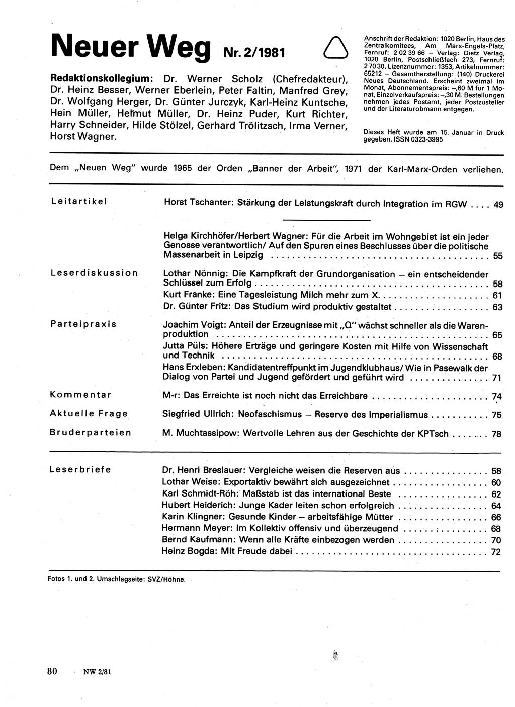 Neuer Weg (NW), Organ des Zentralkomitees (ZK) der SED (Sozialistische Einheitspartei Deutschlands) für Fragen des Parteilebens, 36. Jahrgang [Deutsche Demokratische Republik (DDR)] 1981, Seite 80 (NW ZK SED DDR 1981, S. 80)