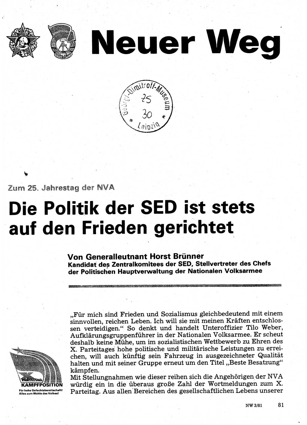 Neuer Weg (NW), Organ des Zentralkomitees (ZK) der SED (Sozialistische Einheitspartei Deutschlands) für Fragen des Parteilebens, 36. Jahrgang [Deutsche Demokratische Republik (DDR)] 1981, Seite 81 (NW ZK SED DDR 1981, S. 81)