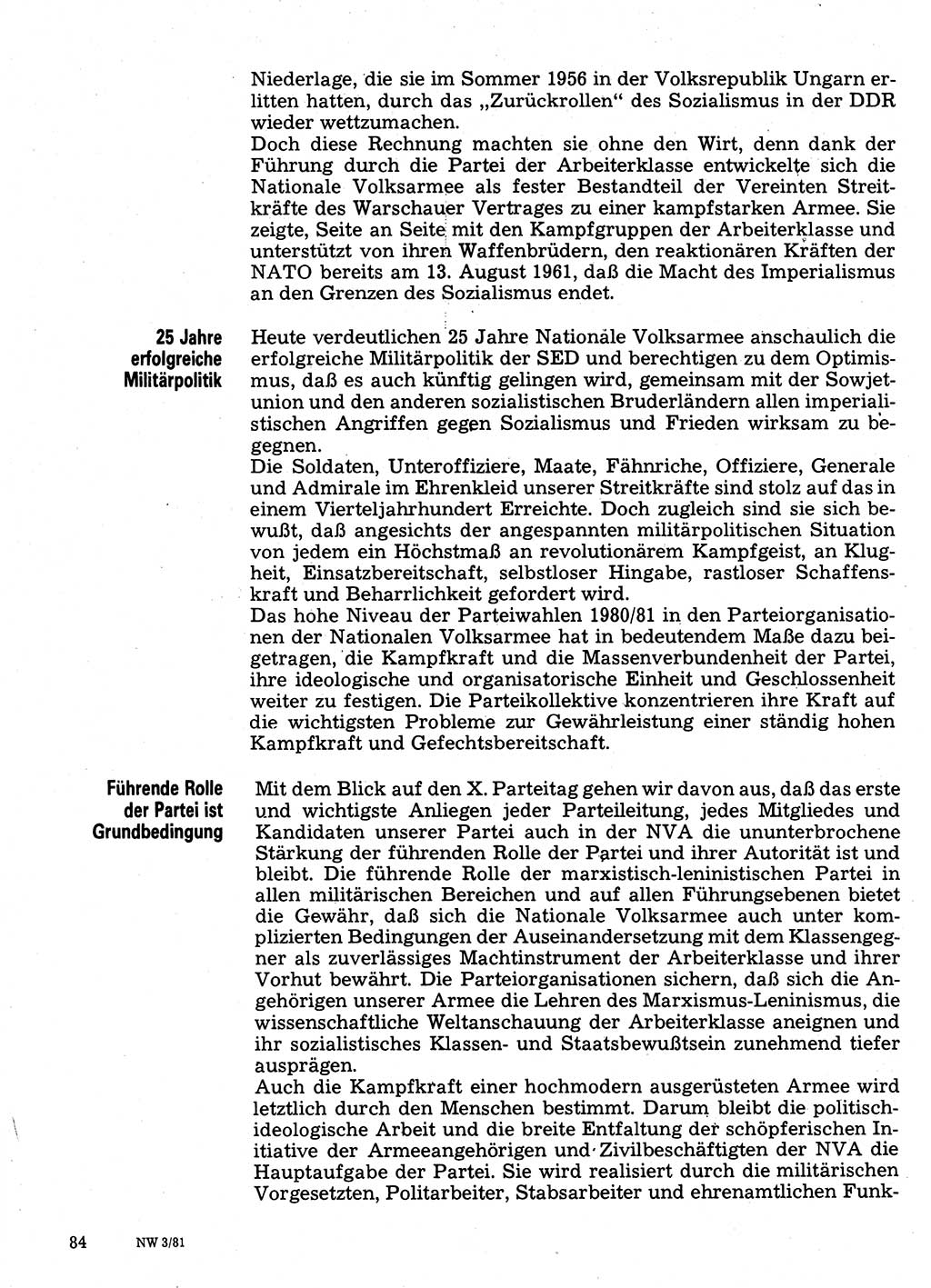 Neuer Weg (NW), Organ des Zentralkomitees (ZK) der SED (Sozialistische Einheitspartei Deutschlands) für Fragen des Parteilebens, 36. Jahrgang [Deutsche Demokratische Republik (DDR)] 1981, Seite 84 (NW ZK SED DDR 1981, S. 84)