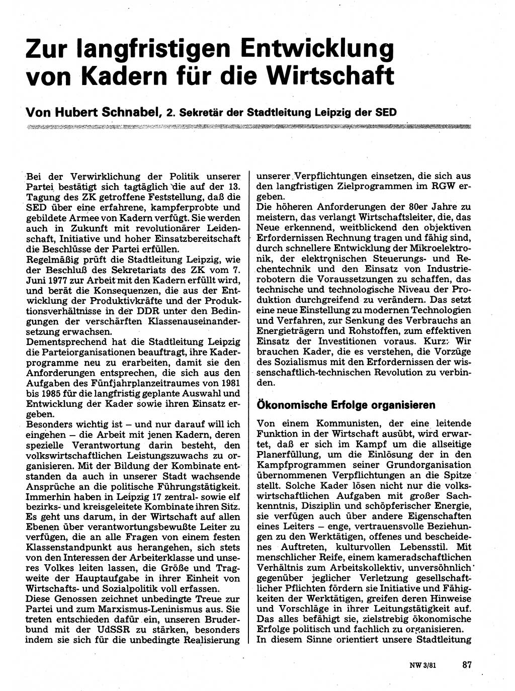 Neuer Weg (NW), Organ des Zentralkomitees (ZK) der SED (Sozialistische Einheitspartei Deutschlands) für Fragen des Parteilebens, 36. Jahrgang [Deutsche Demokratische Republik (DDR)] 1981, Seite 87 (NW ZK SED DDR 1981, S. 87)