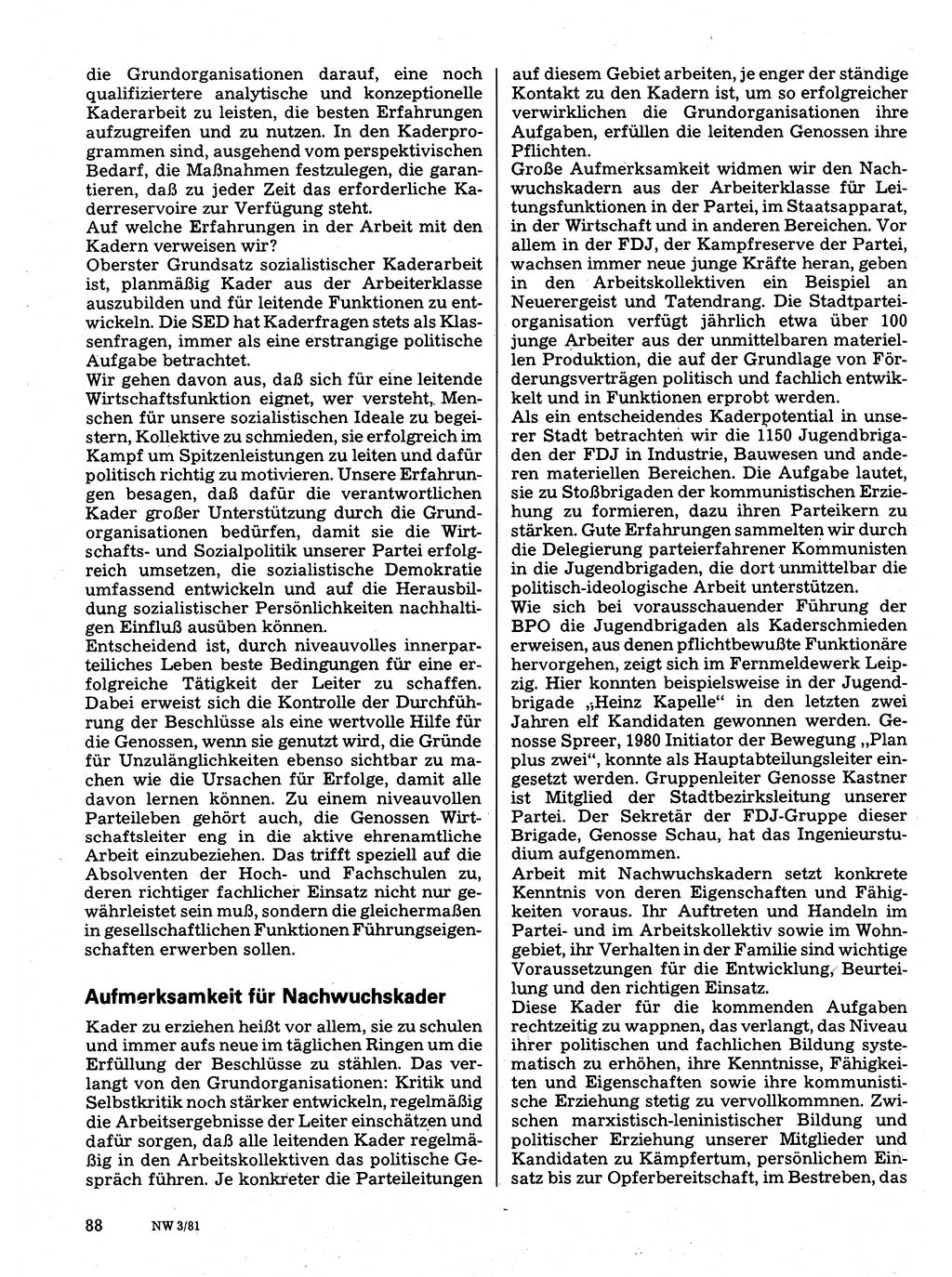Neuer Weg (NW), Organ des Zentralkomitees (ZK) der SED (Sozialistische Einheitspartei Deutschlands) für Fragen des Parteilebens, 36. Jahrgang [Deutsche Demokratische Republik (DDR)] 1981, Seite 88 (NW ZK SED DDR 1981, S. 88)