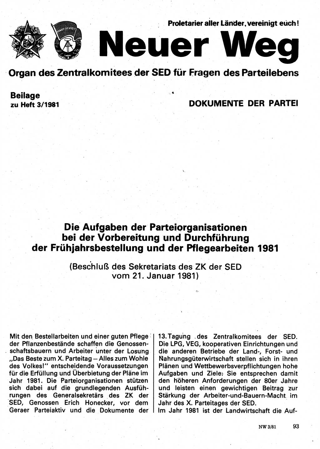 Neuer Weg (NW), Organ des Zentralkomitees (ZK) der SED (Sozialistische Einheitspartei Deutschlands) für Fragen des Parteilebens, 36. Jahrgang [Deutsche Demokratische Republik (DDR)] 1981, Seite 93 (NW ZK SED DDR 1981, S. 93)